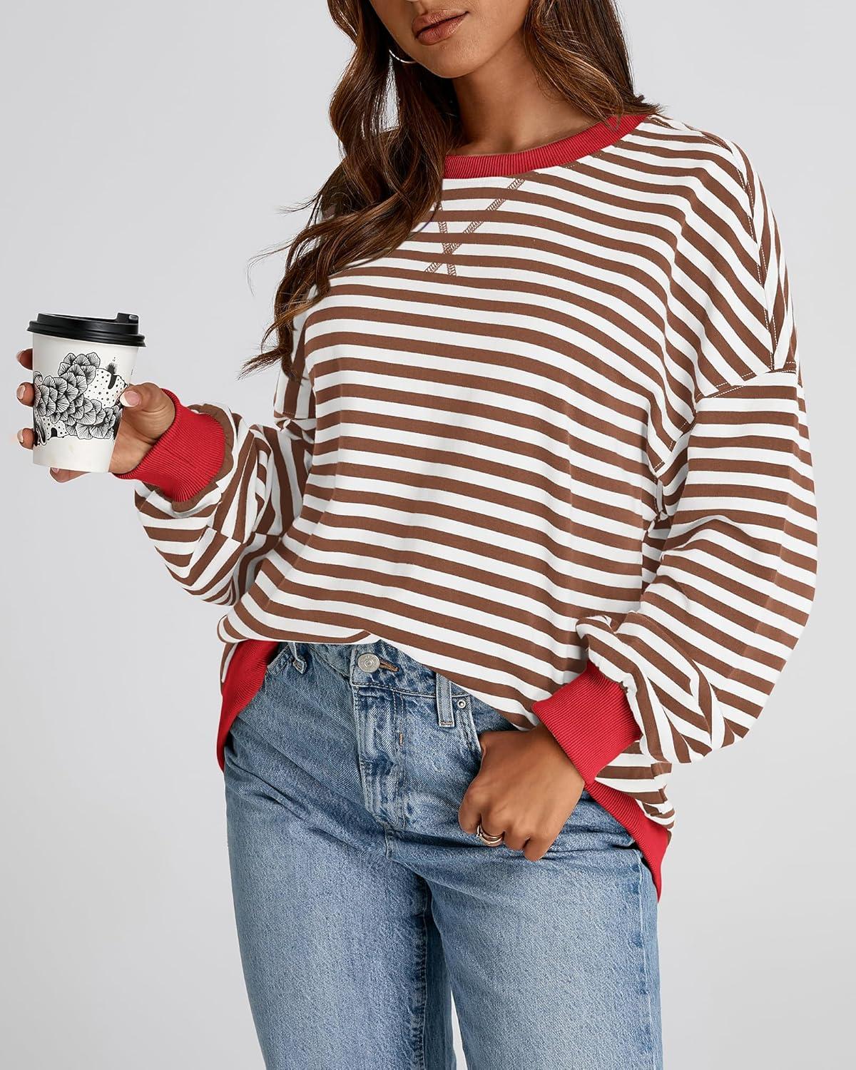 imageBTFBM Womens Oversized Striped Sweatshirt Crewneck Long Sleeve Pullover Top Casual Y2K Fall Clothes 2025 Workout ShirtBrown White