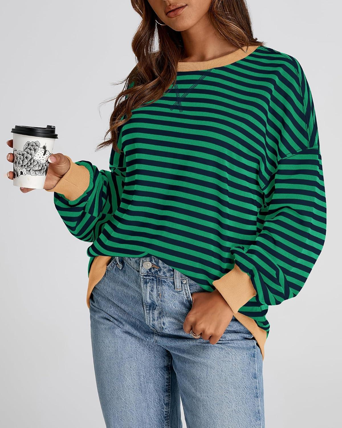 imageBTFBM Womens Oversized Striped Sweatshirt Crewneck Long Sleeve Pullover Top Casual Y2K Fall Clothes 2025 Workout ShirtGreen Navy