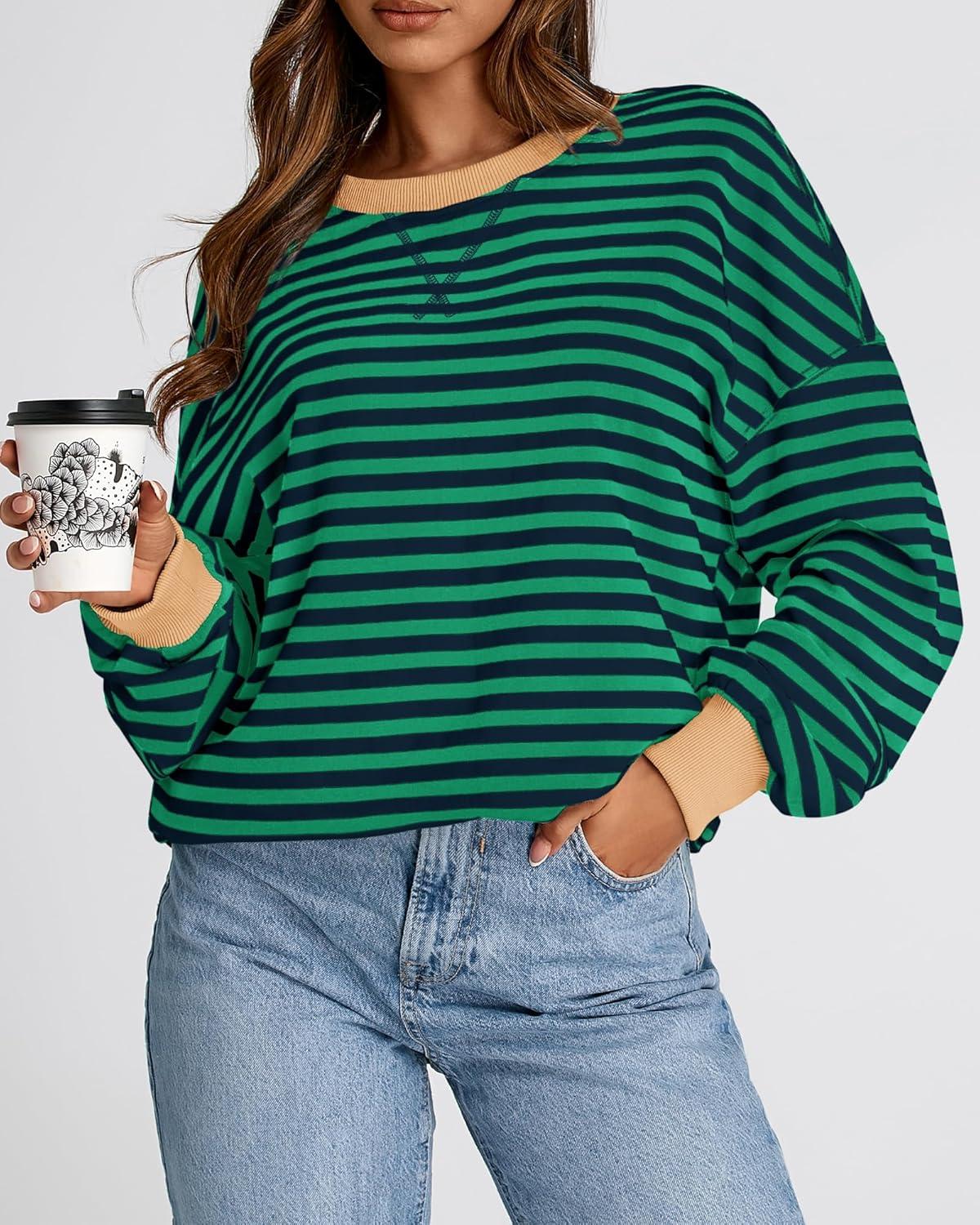 imageBTFBM Womens Oversized Striped Sweatshirt Crewneck Long Sleeve Pullover Top Casual Y2K Fall Clothes 2025 Workout ShirtGreen Navy