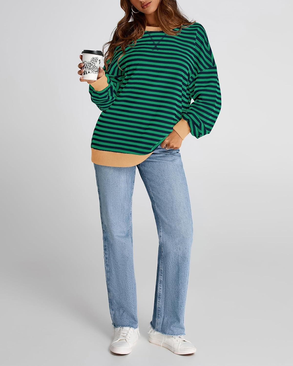 imageBTFBM Womens Oversized Striped Sweatshirt Crewneck Long Sleeve Pullover Top Casual Y2K Fall Clothes 2025 Workout ShirtGreen Navy