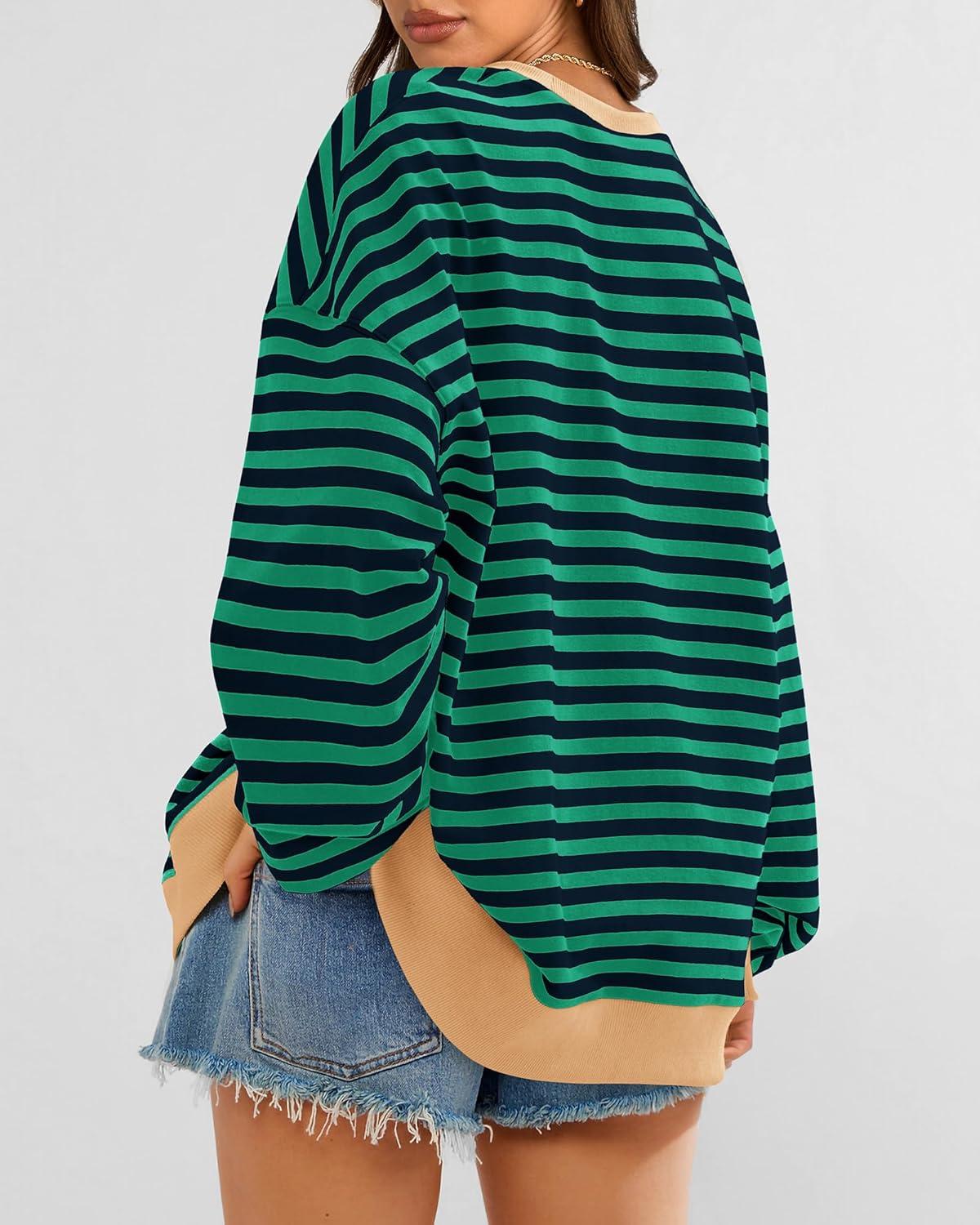 imageBTFBM Womens Oversized Striped Sweatshirt Crewneck Long Sleeve Pullover Top Casual Y2K Fall Clothes 2025 Workout ShirtGreen Navy