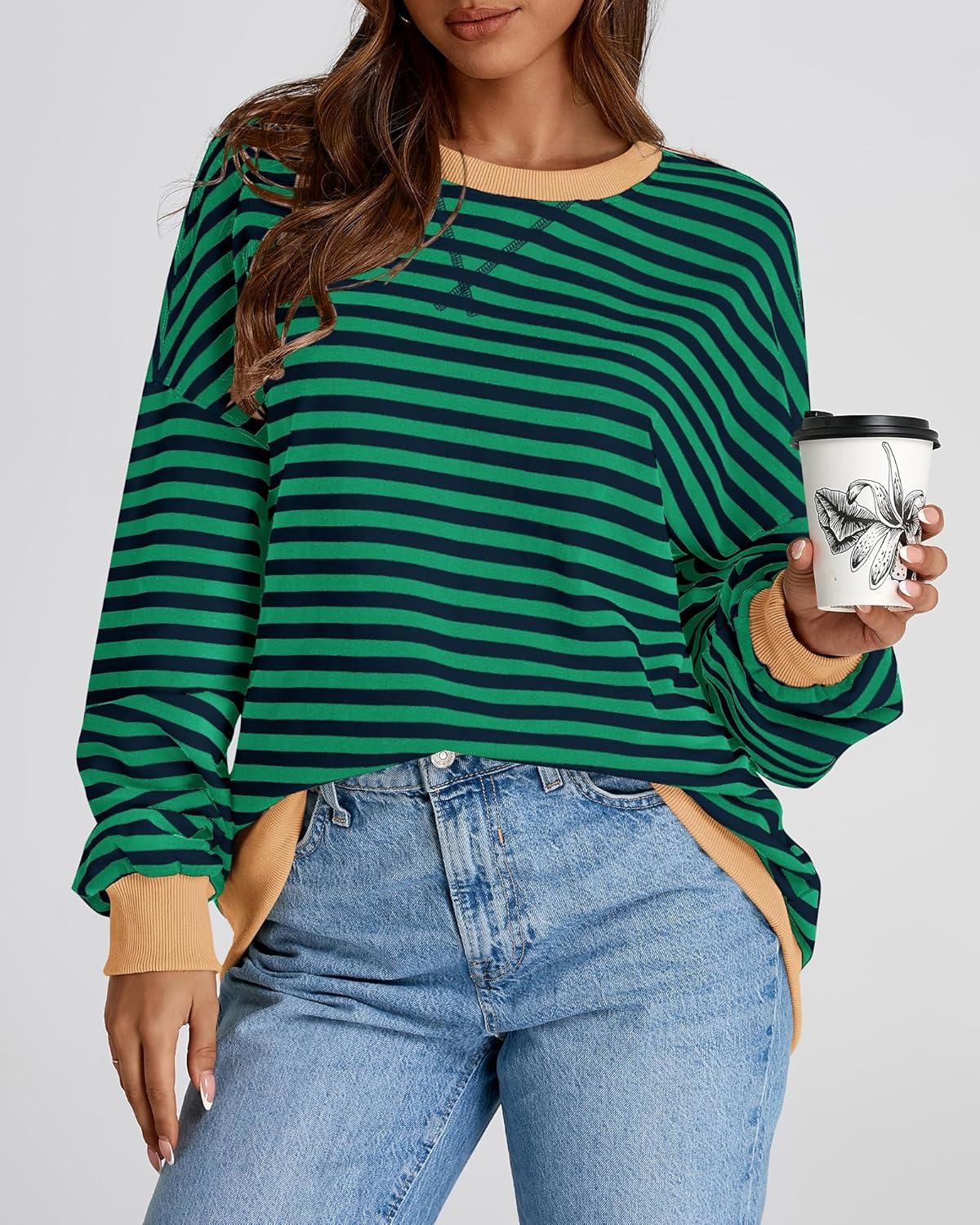 imageBTFBM Womens Oversized Striped Sweatshirt Crewneck Long Sleeve Pullover Top Casual Y2K Fall Clothes 2025 Workout ShirtGreen Navy