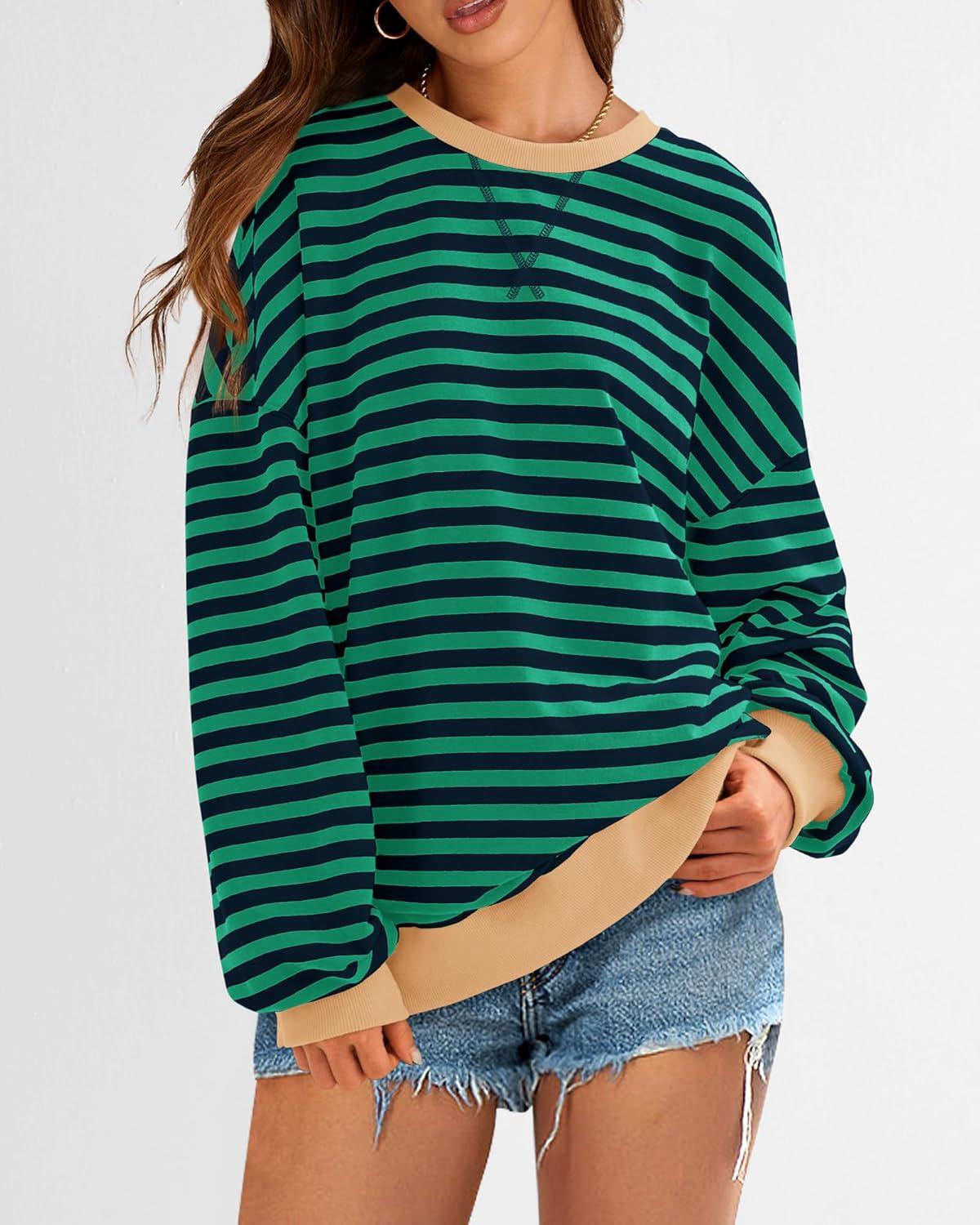 imageBTFBM Womens Oversized Striped Sweatshirt Crewneck Long Sleeve Pullover Top Casual Y2K Fall Clothes 2025 Workout ShirtGreen Navy
