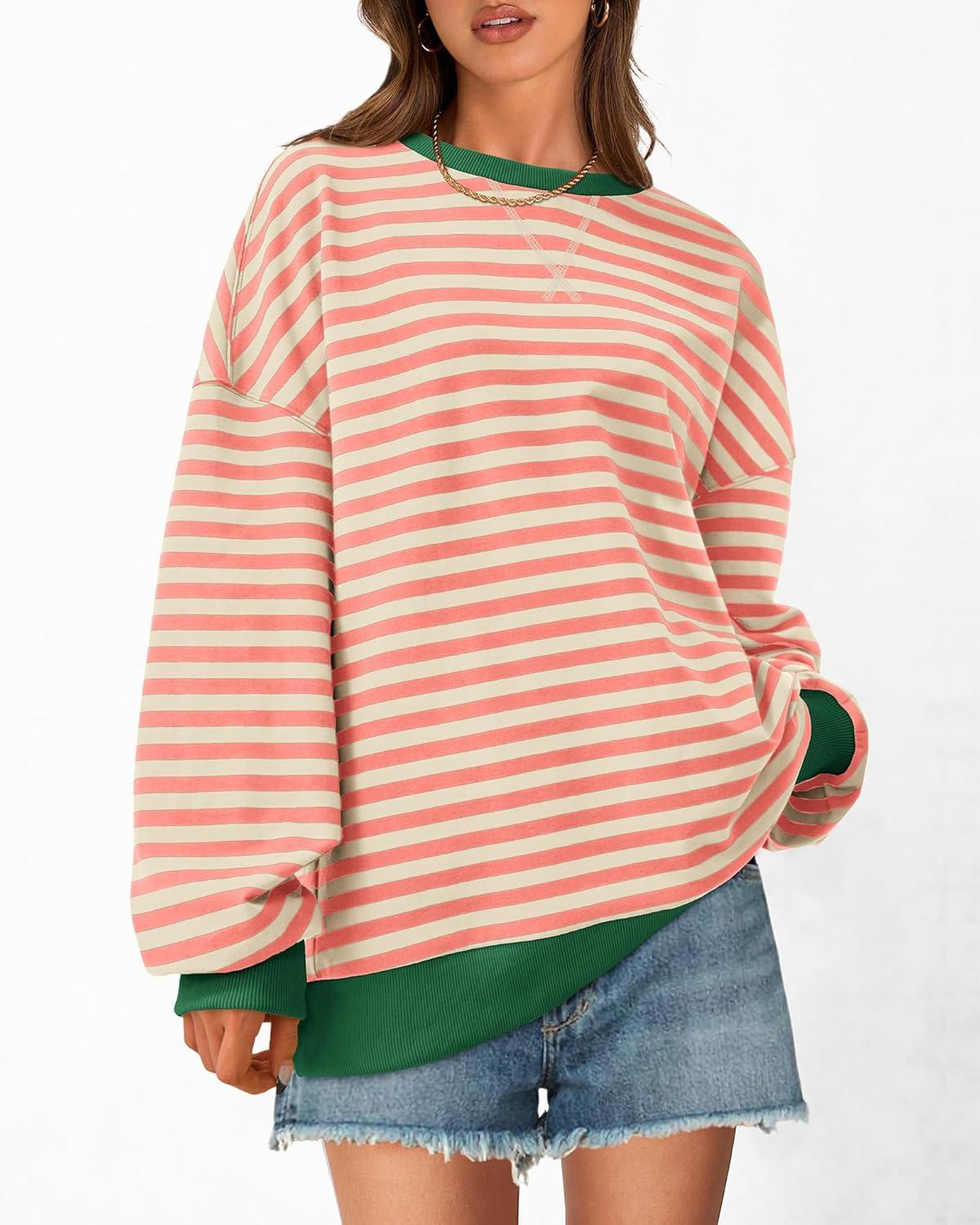 imageBTFBM Womens Oversized Striped Sweatshirt Crewneck Long Sleeve Pullover Top Casual Y2K Fall Clothes 2025 Workout ShirtLight Orange Apricot