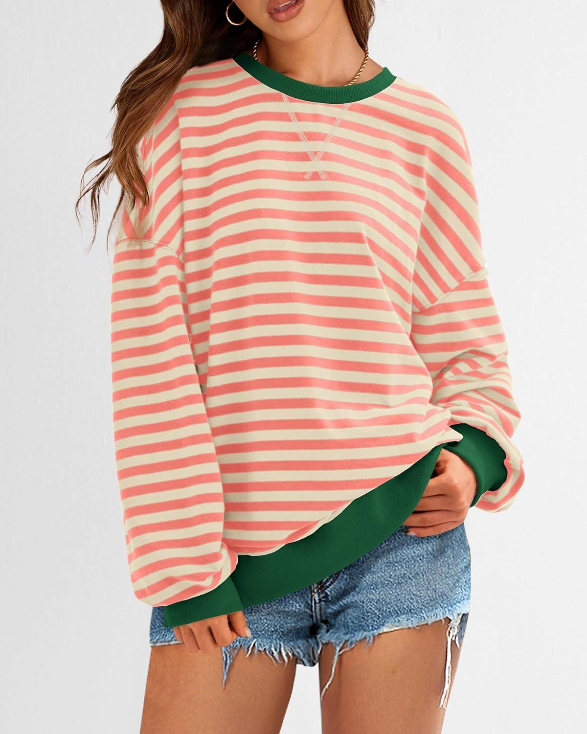 imageBTFBM Womens Oversized Striped Sweatshirt Crewneck Long Sleeve Pullover Top Casual Y2K Fall Clothes 2025 Workout ShirtLight Orange Apricot