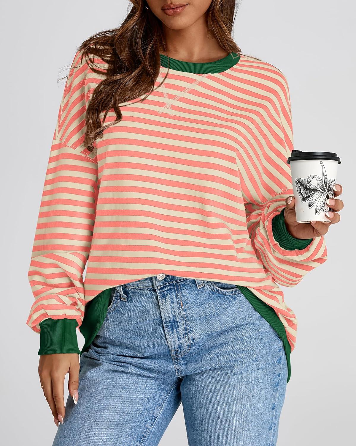 imageBTFBM Womens Oversized Striped Sweatshirt Crewneck Long Sleeve Pullover Top Casual Y2K Fall Clothes 2025 Workout ShirtLight Orange Apricot
