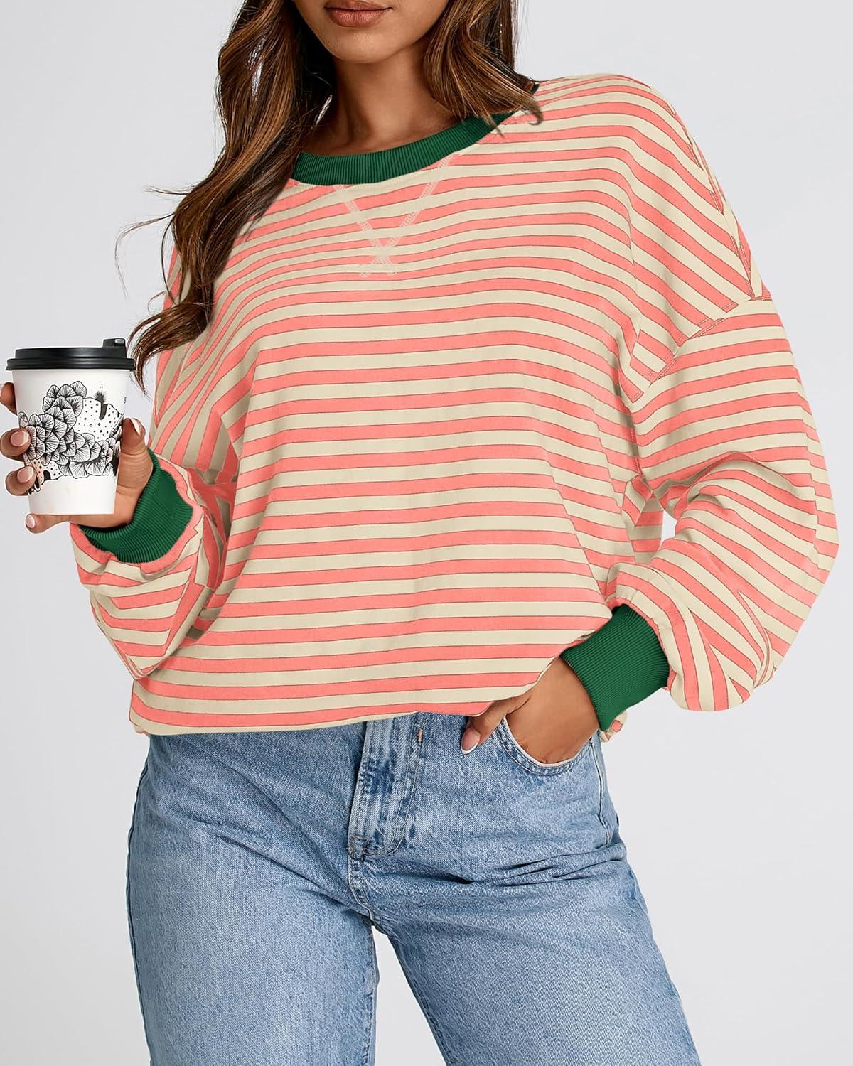 imageBTFBM Womens Oversized Striped Sweatshirt Crewneck Long Sleeve Pullover Top Casual Y2K Fall Clothes 2025 Workout ShirtLight Orange Apricot