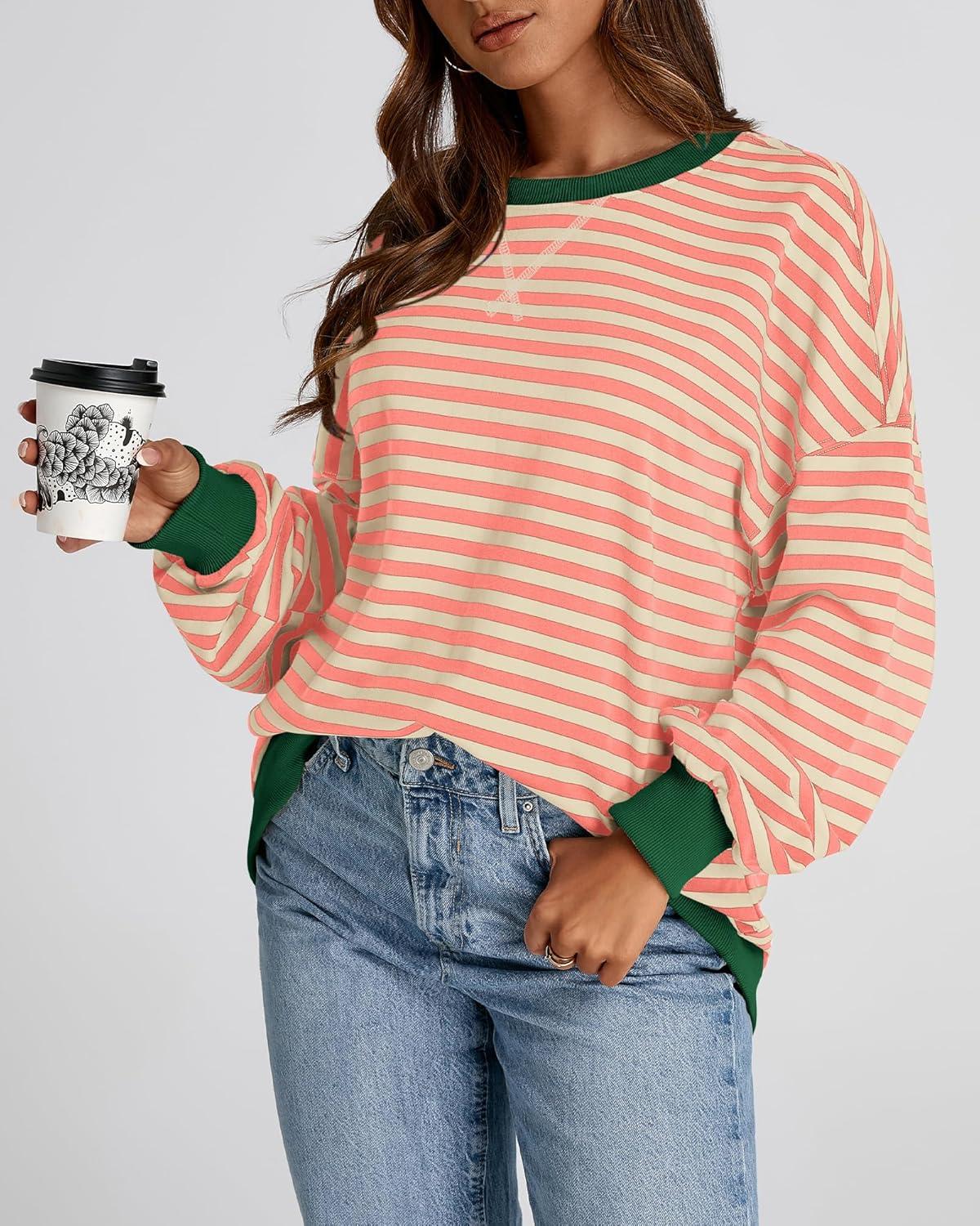 imageBTFBM Womens Oversized Striped Sweatshirt Crewneck Long Sleeve Pullover Top Casual Y2K Fall Clothes 2025 Workout ShirtLight Orange Apricot