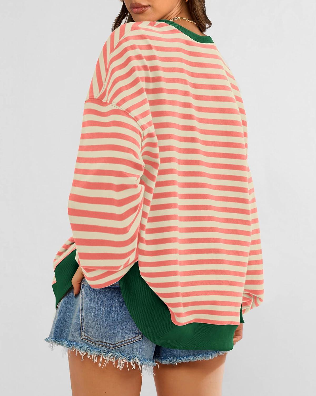 imageBTFBM Womens Oversized Striped Sweatshirt Crewneck Long Sleeve Pullover Top Casual Y2K Fall Clothes 2025 Workout ShirtLight Orange Apricot