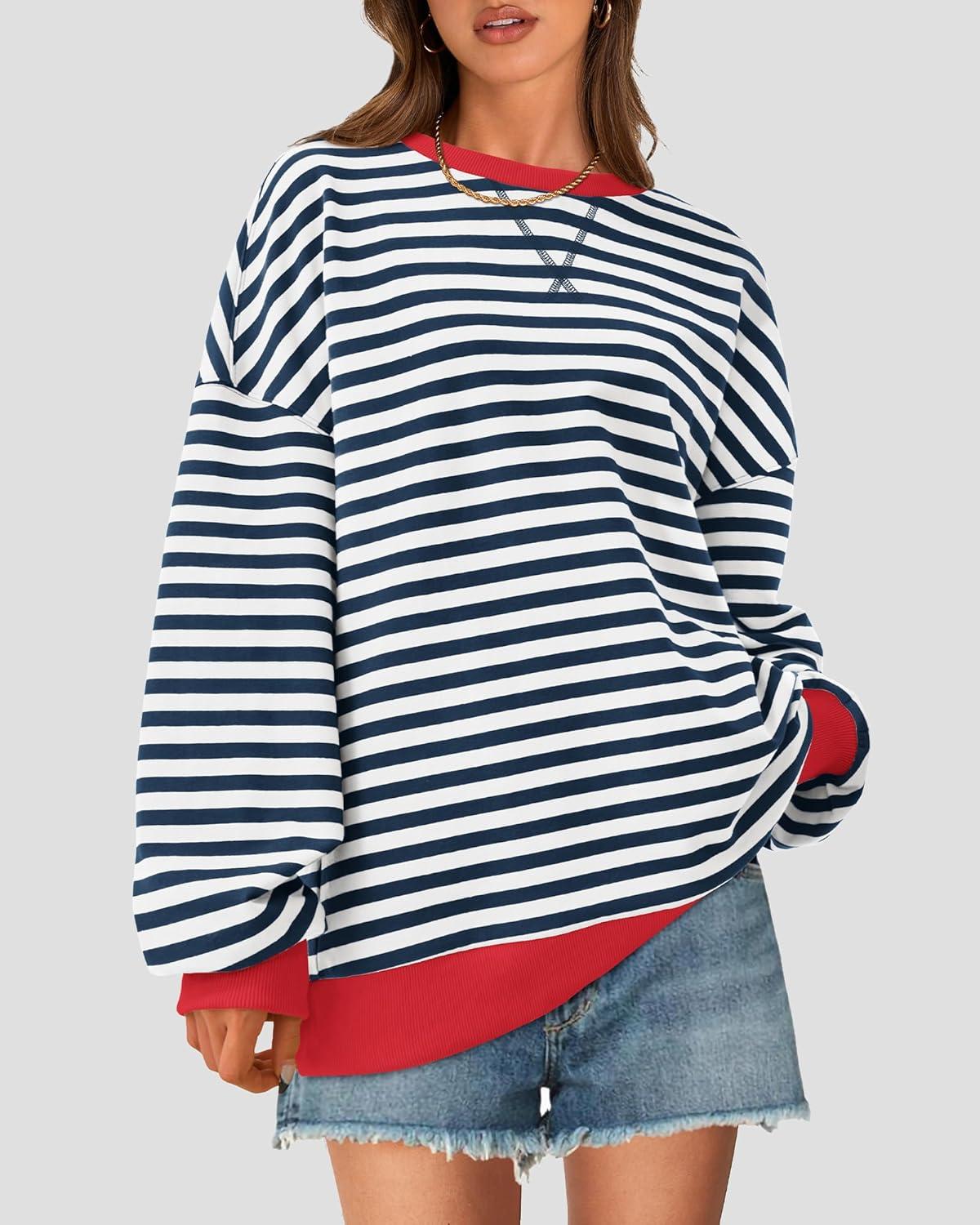 imageBTFBM Womens Oversized Striped Sweatshirt Crewneck Long Sleeve Pullover Top Casual Y2K Fall Clothes 2025 Workout ShirtNavy White