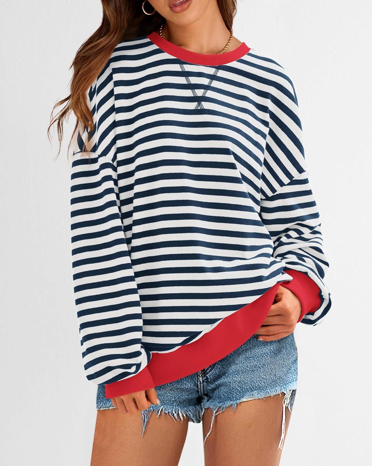 imageBTFBM Womens Oversized Striped Sweatshirt Crewneck Long Sleeve Pullover Top Casual Y2K Fall Clothes 2025 Workout ShirtNavy White
