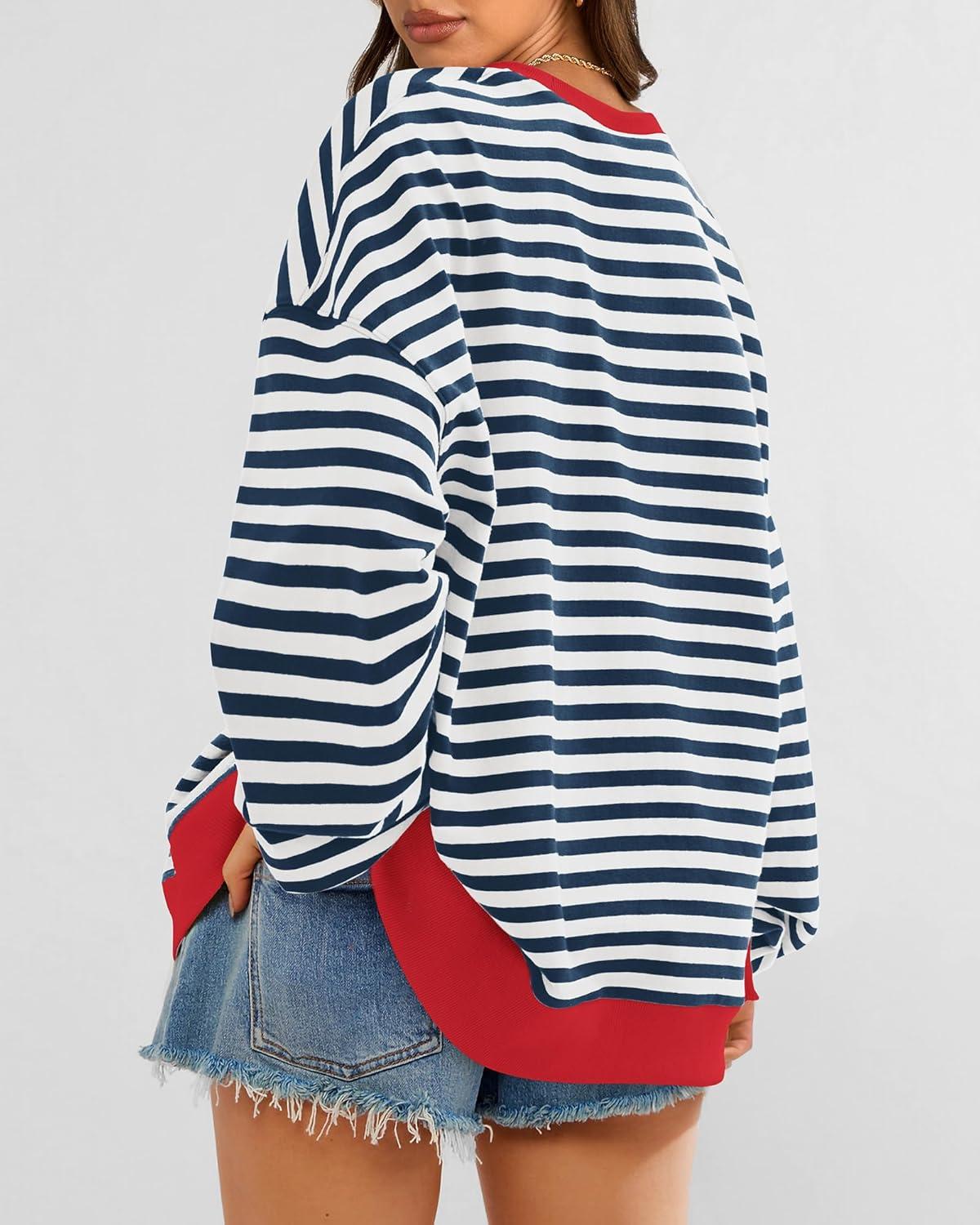 imageBTFBM Womens Oversized Striped Sweatshirt Crewneck Long Sleeve Pullover Top Casual Y2K Fall Clothes 2025 Workout ShirtNavy White