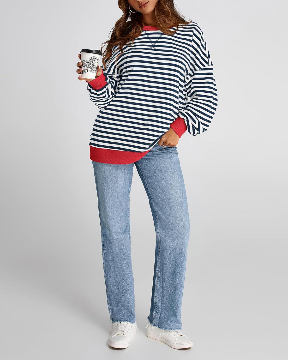 imageBTFBM Womens Oversized Striped Sweatshirt Crewneck Long Sleeve Pullover Top Casual Y2K Fall Clothes 2025 Workout ShirtNavy White