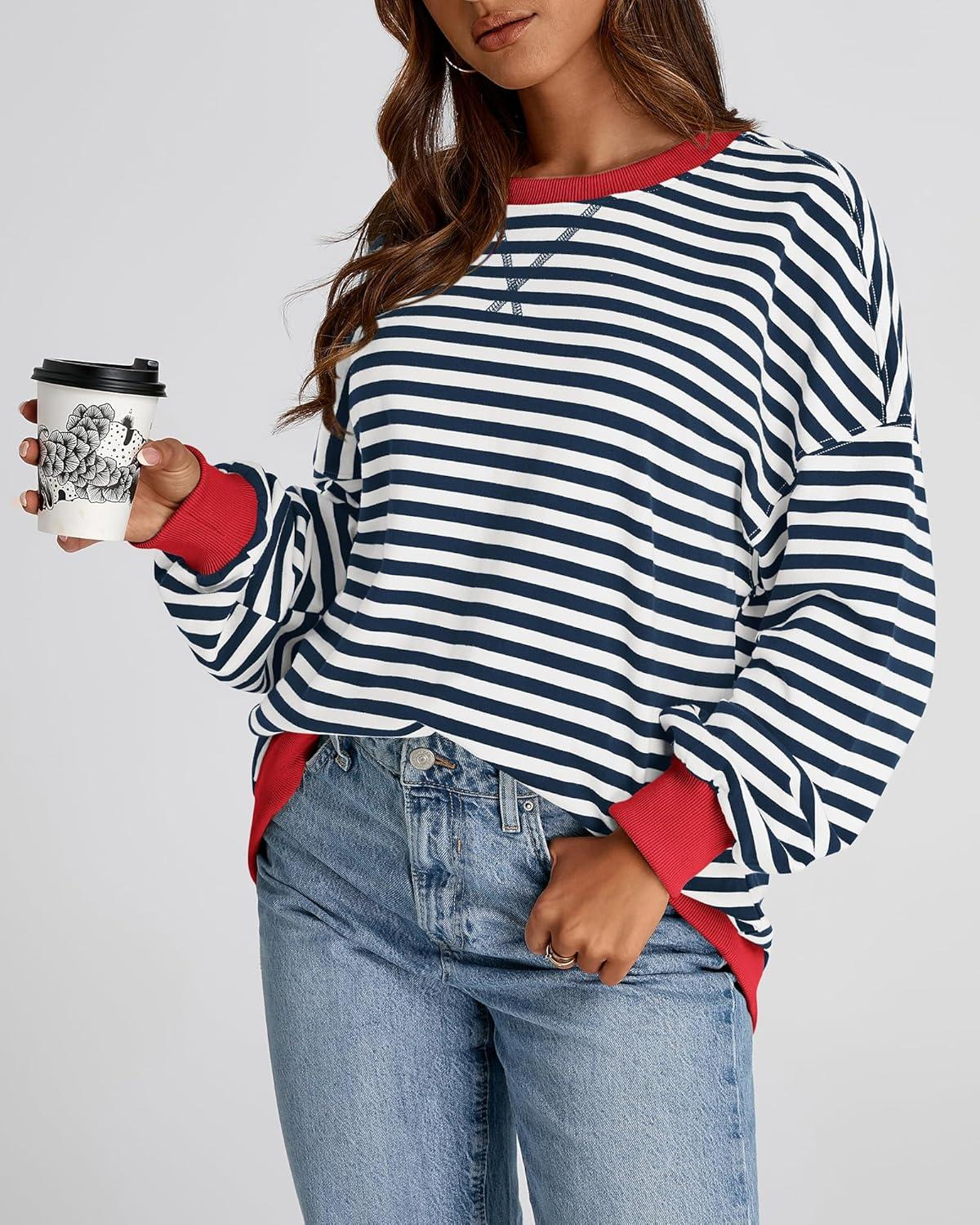 imageBTFBM Womens Oversized Striped Sweatshirt Crewneck Long Sleeve Pullover Top Casual Y2K Fall Clothes 2025 Workout ShirtNavy White