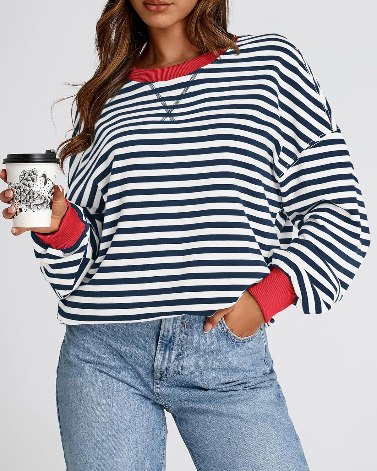 imageBTFBM Womens Oversized Striped Sweatshirt Crewneck Long Sleeve Pullover Top Casual Y2K Fall Clothes 2025 Workout ShirtNavy White