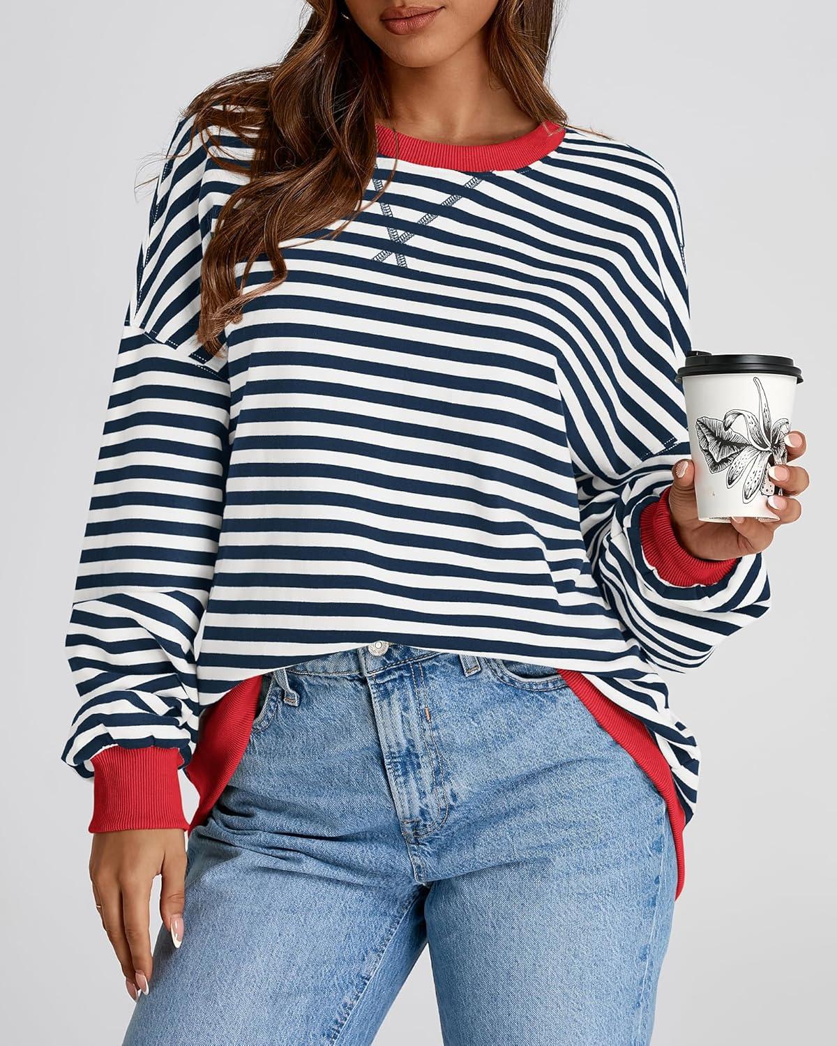 imageBTFBM Womens Oversized Striped Sweatshirt Crewneck Long Sleeve Pullover Top Casual Y2K Fall Clothes 2025 Workout ShirtNavy White