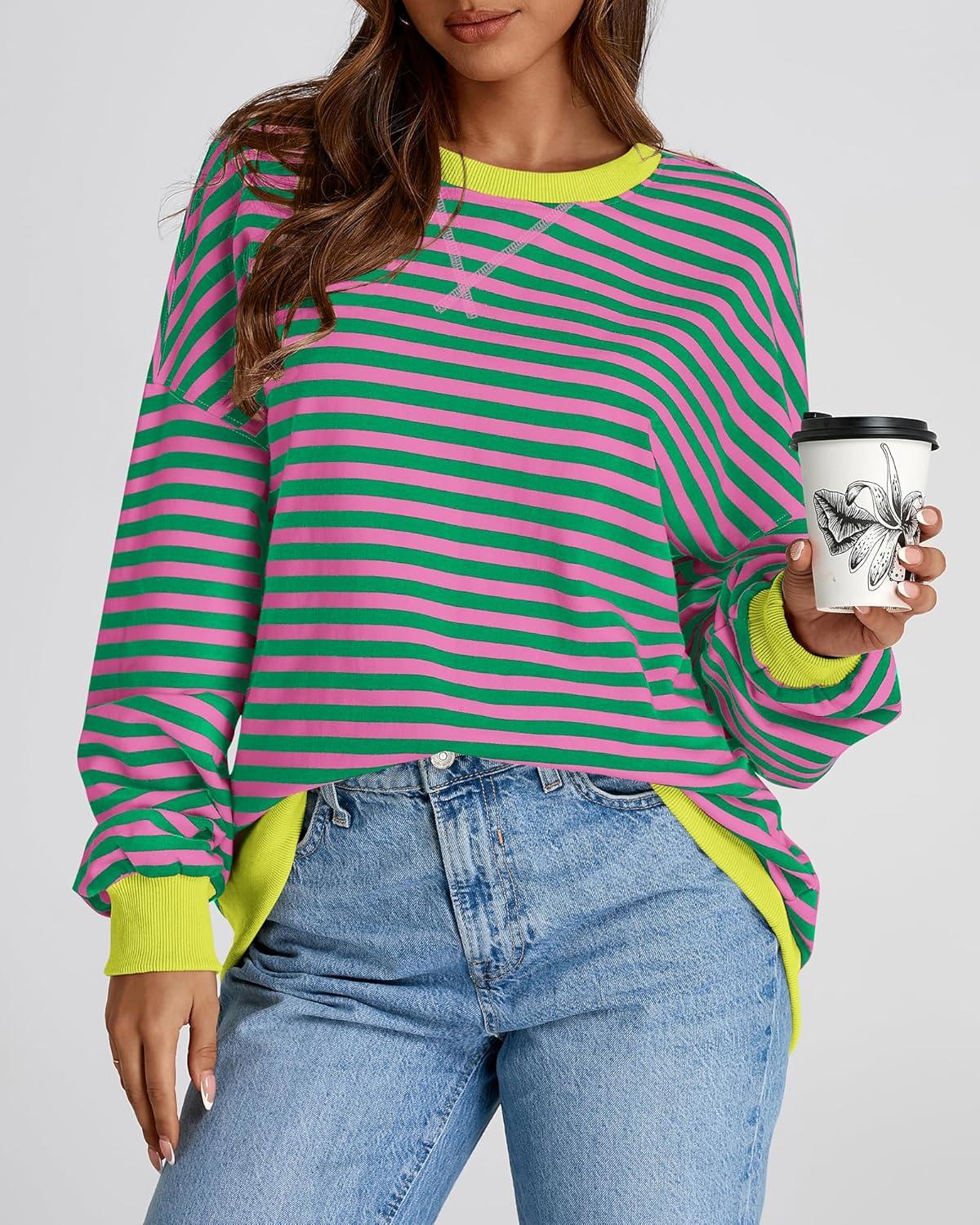 imageBTFBM Womens Oversized Striped Sweatshirt Crewneck Long Sleeve Pullover Top Casual Y2K Fall Clothes 2025 Workout ShirtPink Green