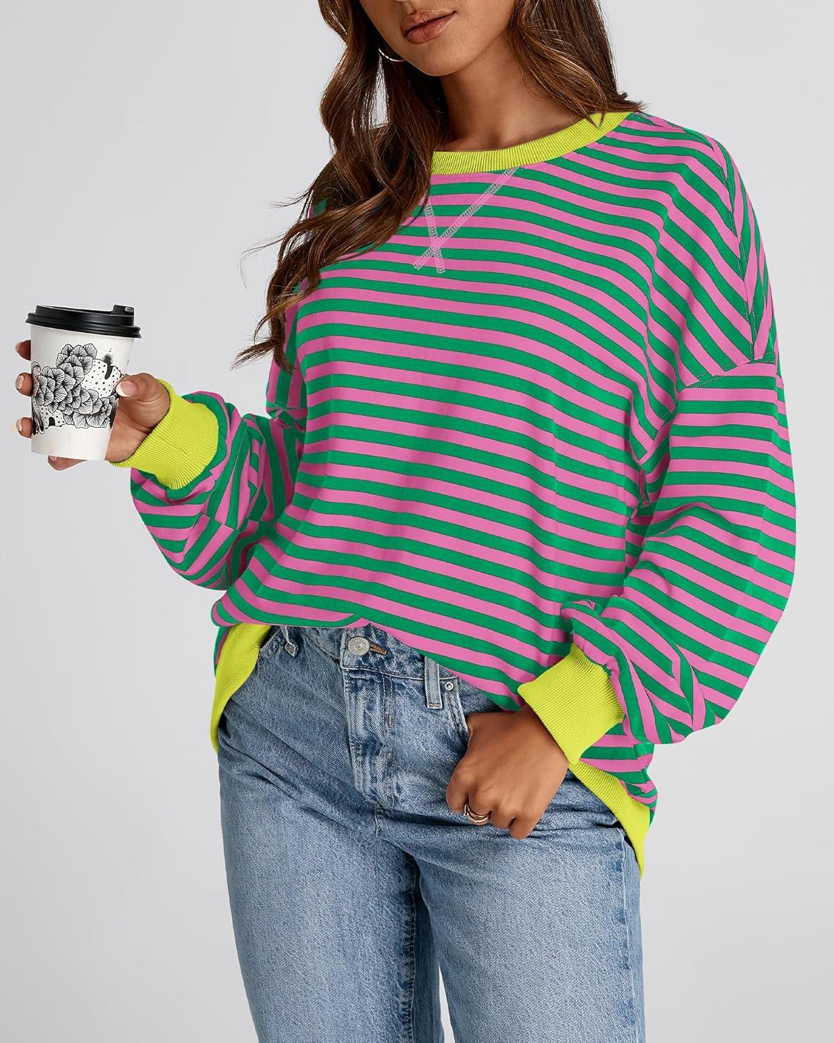 imageBTFBM Womens Oversized Striped Sweatshirt Crewneck Long Sleeve Pullover Top Casual Y2K Fall Clothes 2025 Workout ShirtPink Green