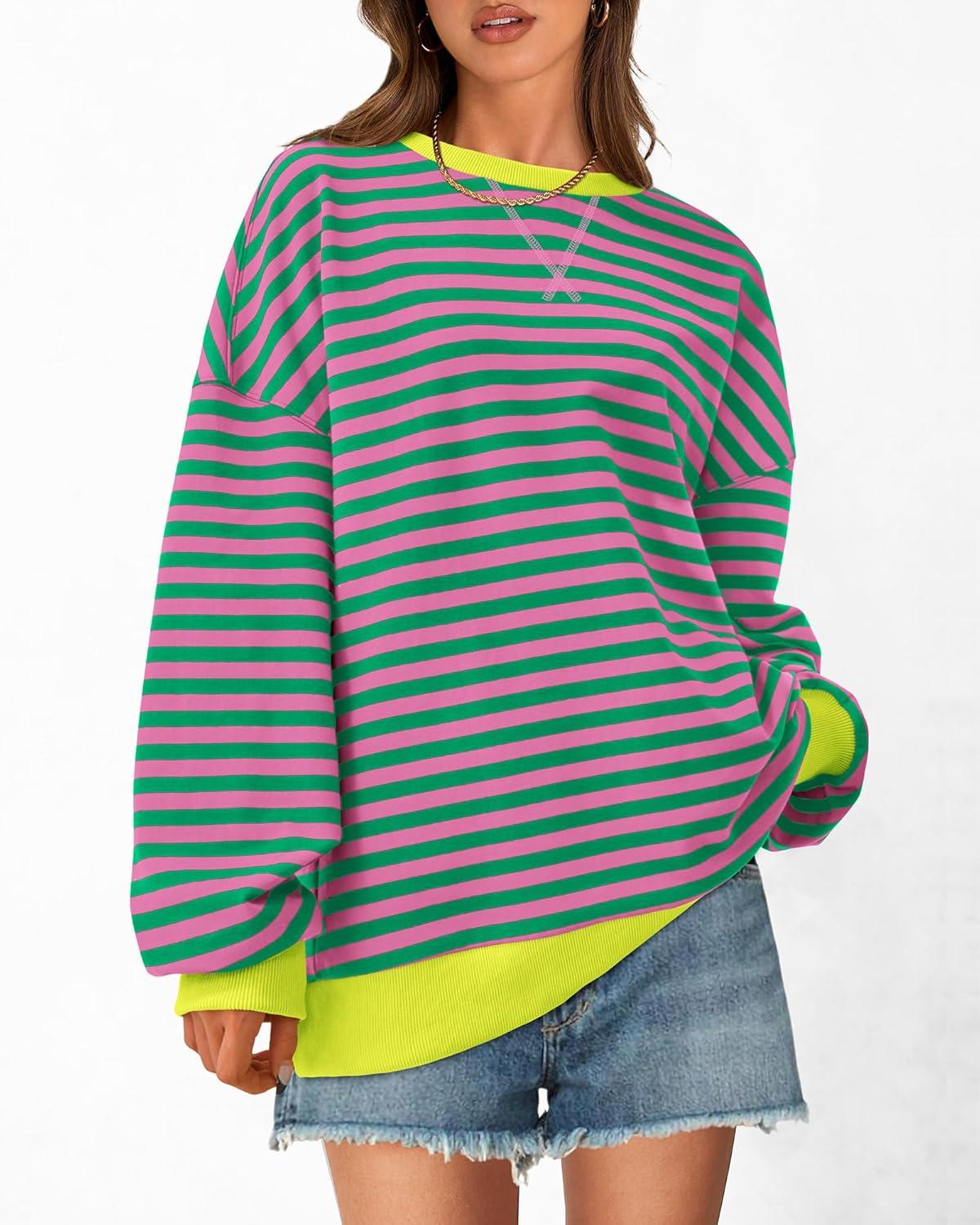 imageBTFBM Womens Oversized Striped Sweatshirt Crewneck Long Sleeve Pullover Top Casual Y2K Fall Clothes 2025 Workout ShirtPink Green