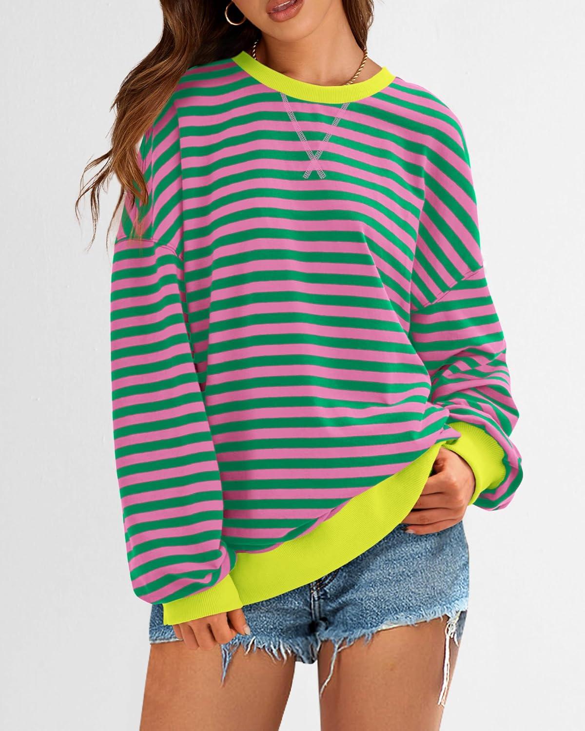 imageBTFBM Womens Oversized Striped Sweatshirt Crewneck Long Sleeve Pullover Top Casual Y2K Fall Clothes 2025 Workout ShirtPink Green