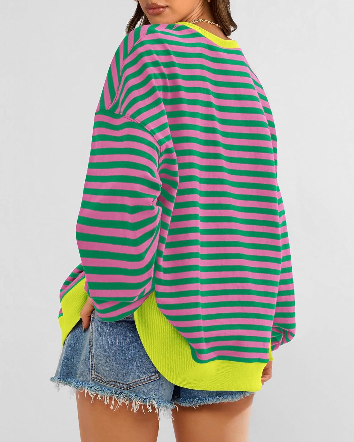 imageBTFBM Womens Oversized Striped Sweatshirt Crewneck Long Sleeve Pullover Top Casual Y2K Fall Clothes 2025 Workout ShirtPink Green