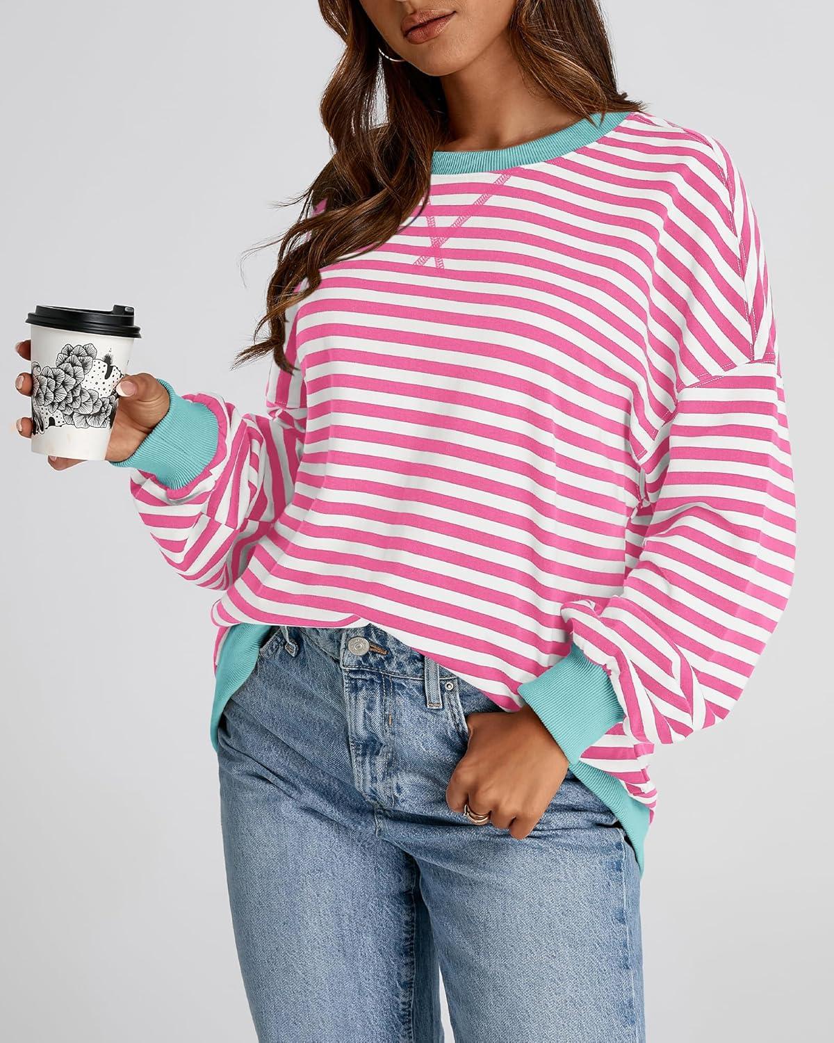 imageBTFBM Womens Oversized Striped Sweatshirt Crewneck Long Sleeve Pullover Top Casual Y2K Fall Clothes 2025 Workout ShirtPink White