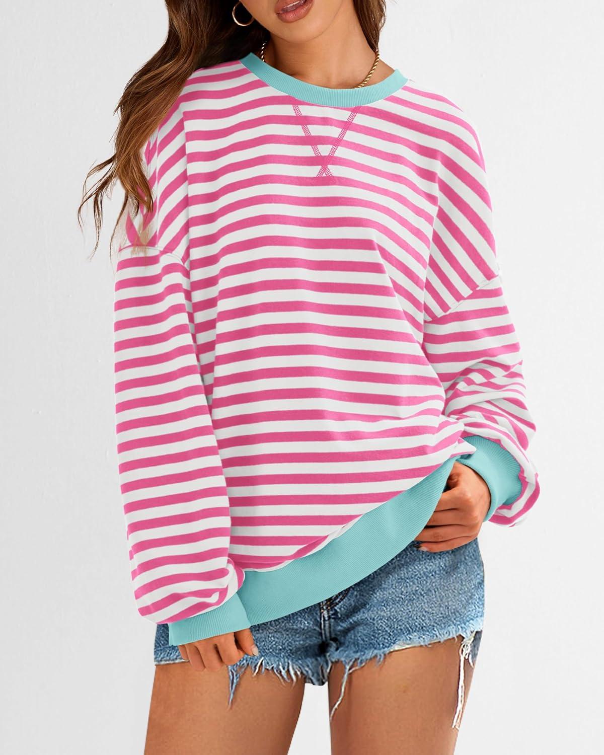 imageBTFBM Womens Oversized Striped Sweatshirt Crewneck Long Sleeve Pullover Top Casual Y2K Fall Clothes 2025 Workout ShirtPink White