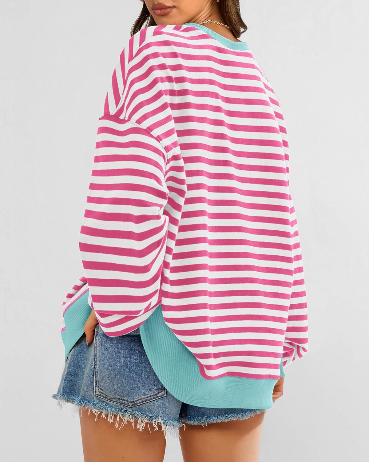 imageBTFBM Womens Oversized Striped Sweatshirt Crewneck Long Sleeve Pullover Top Casual Y2K Fall Clothes 2025 Workout ShirtPink White