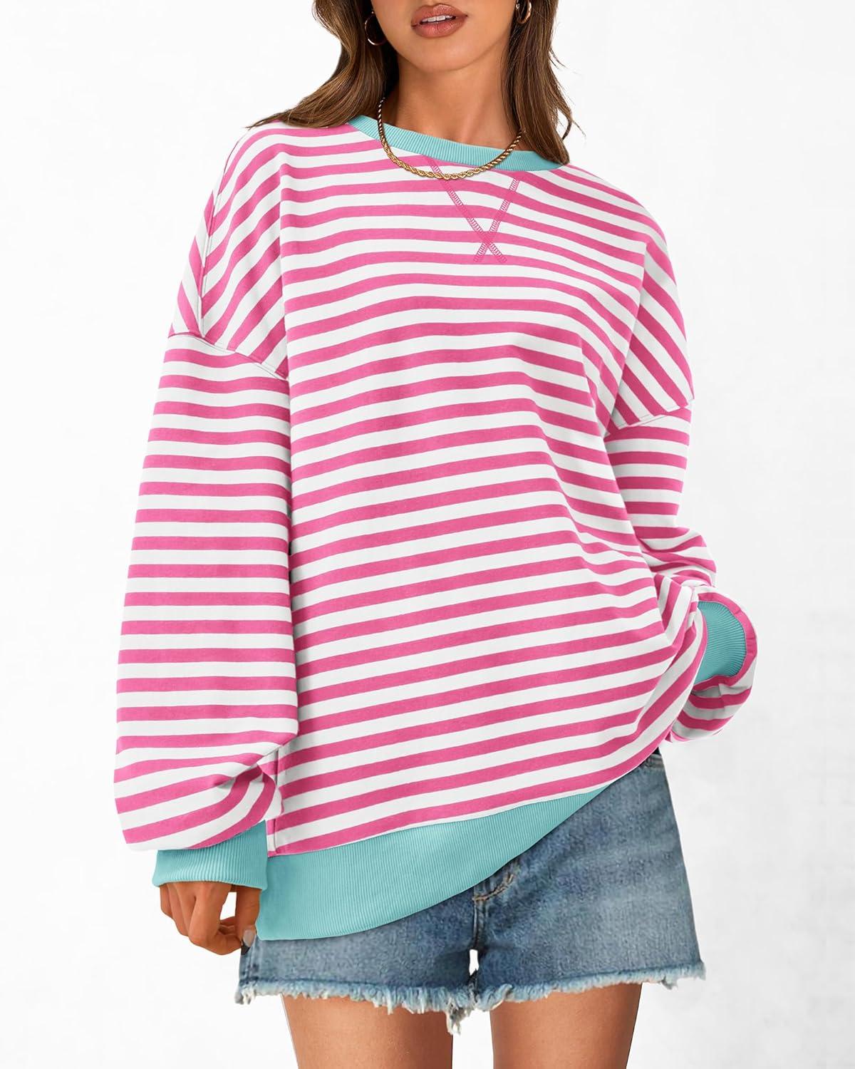 imageBTFBM Womens Oversized Striped Sweatshirt Crewneck Long Sleeve Pullover Top Casual Y2K Fall Clothes 2025 Workout ShirtPink White