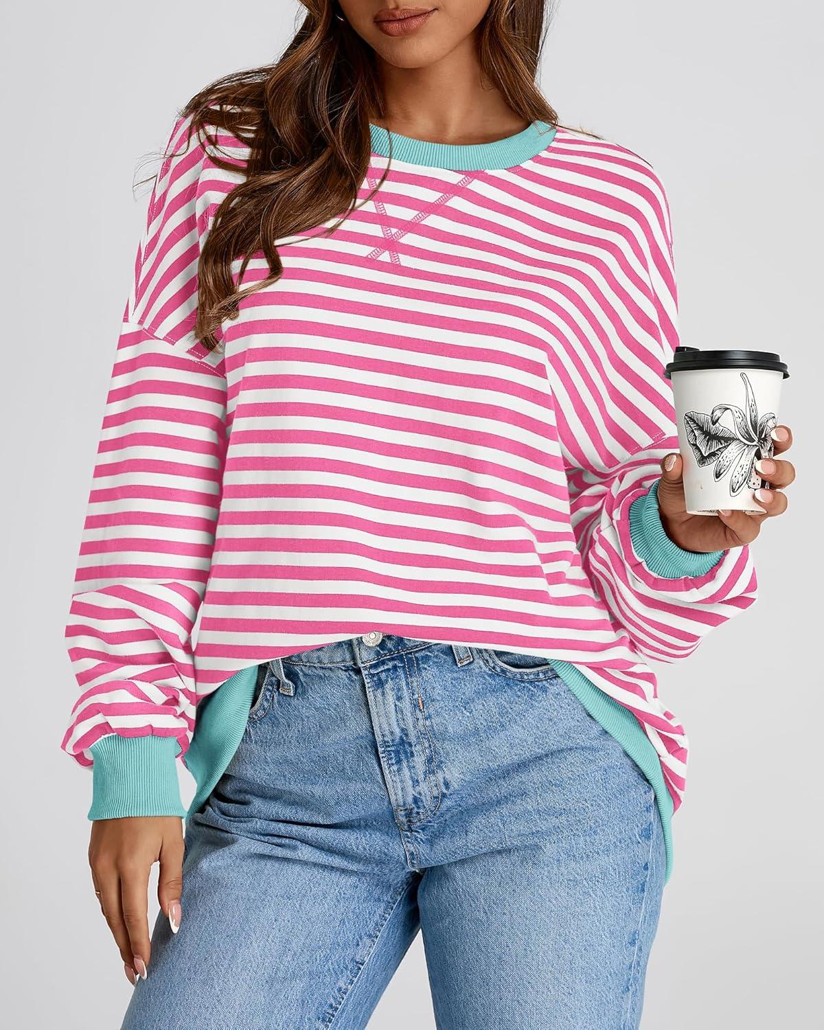 imageBTFBM Womens Oversized Striped Sweatshirt Crewneck Long Sleeve Pullover Top Casual Y2K Fall Clothes 2025 Workout ShirtPink White