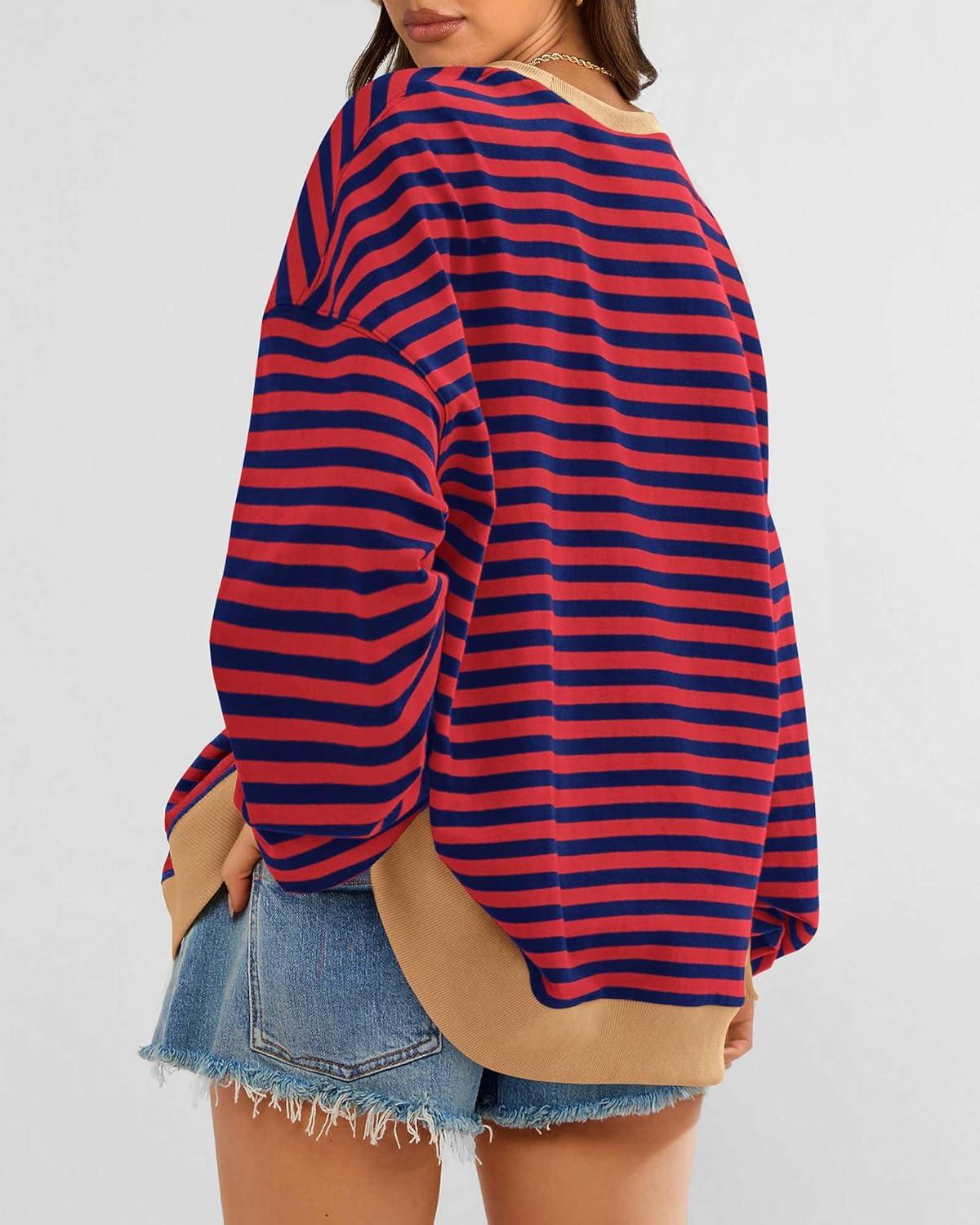 imageBTFBM Womens Oversized Striped Sweatshirt Crewneck Long Sleeve Pullover Top Casual Y2K Fall Clothes 2025 Workout ShirtRed Navy