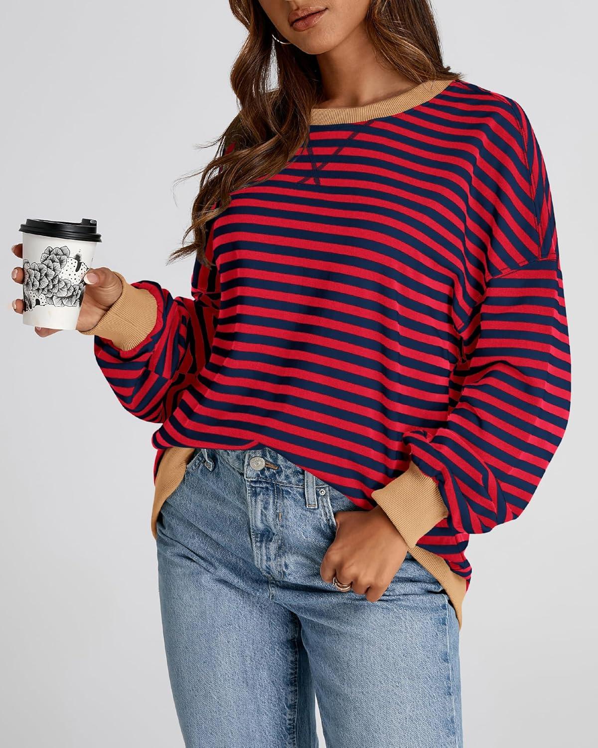 imageBTFBM Womens Oversized Striped Sweatshirt Crewneck Long Sleeve Pullover Top Casual Y2K Fall Clothes 2025 Workout ShirtRed Navy