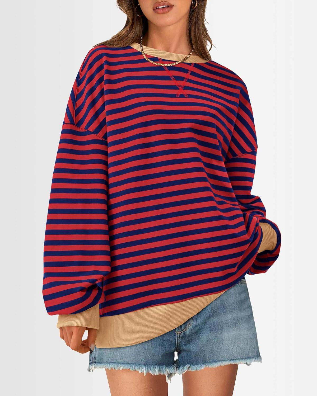 imageBTFBM Womens Oversized Striped Sweatshirt Crewneck Long Sleeve Pullover Top Casual Y2K Fall Clothes 2025 Workout ShirtRed Navy