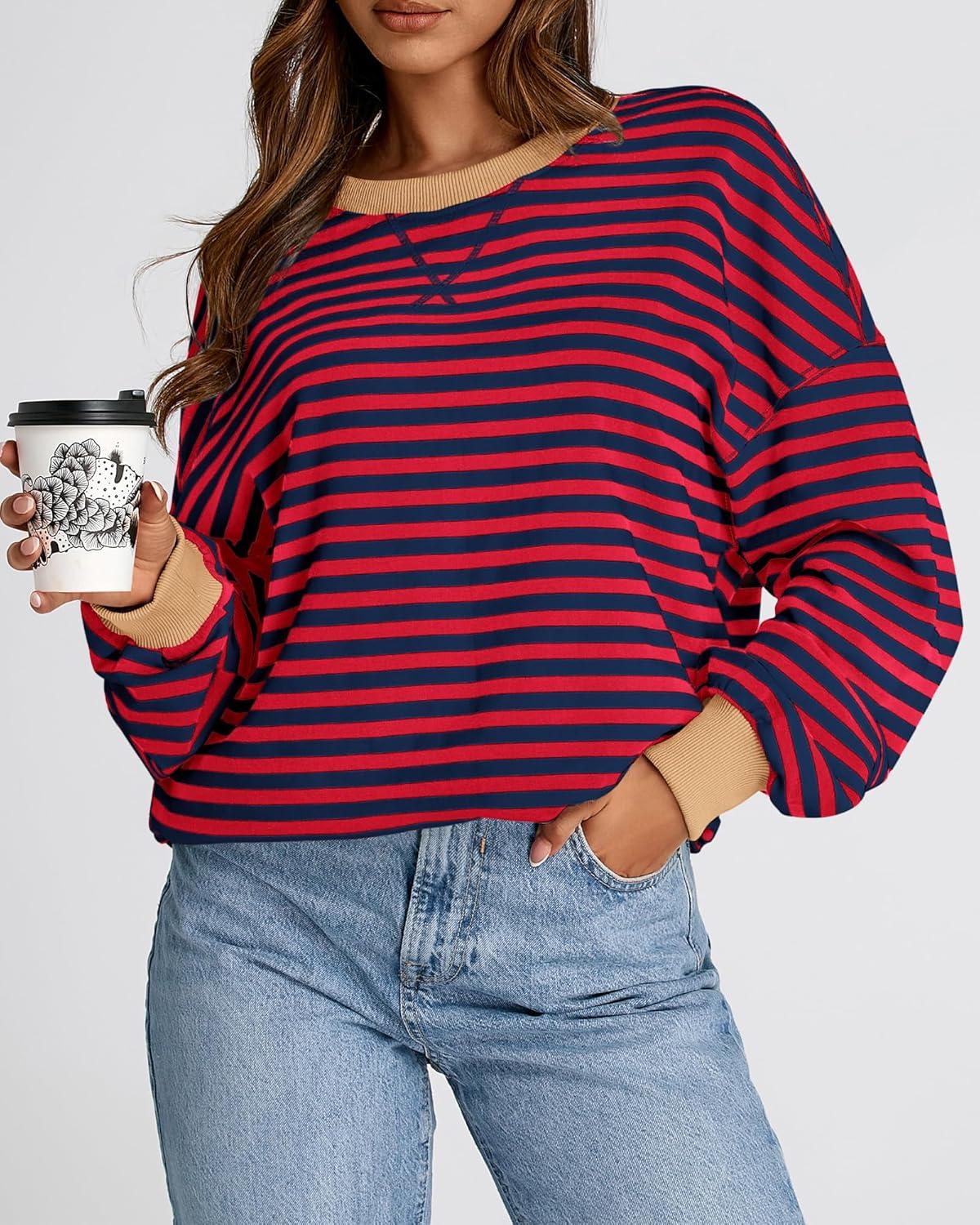 imageBTFBM Womens Oversized Striped Sweatshirt Crewneck Long Sleeve Pullover Top Casual Y2K Fall Clothes 2025 Workout ShirtRed Navy