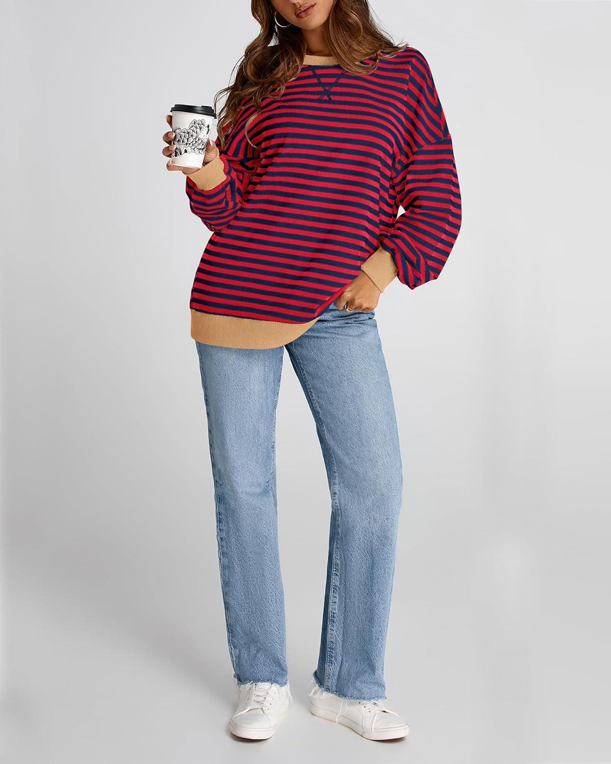 imageBTFBM Womens Oversized Striped Sweatshirt Crewneck Long Sleeve Pullover Top Casual Y2K Fall Clothes 2025 Workout ShirtRed Navy