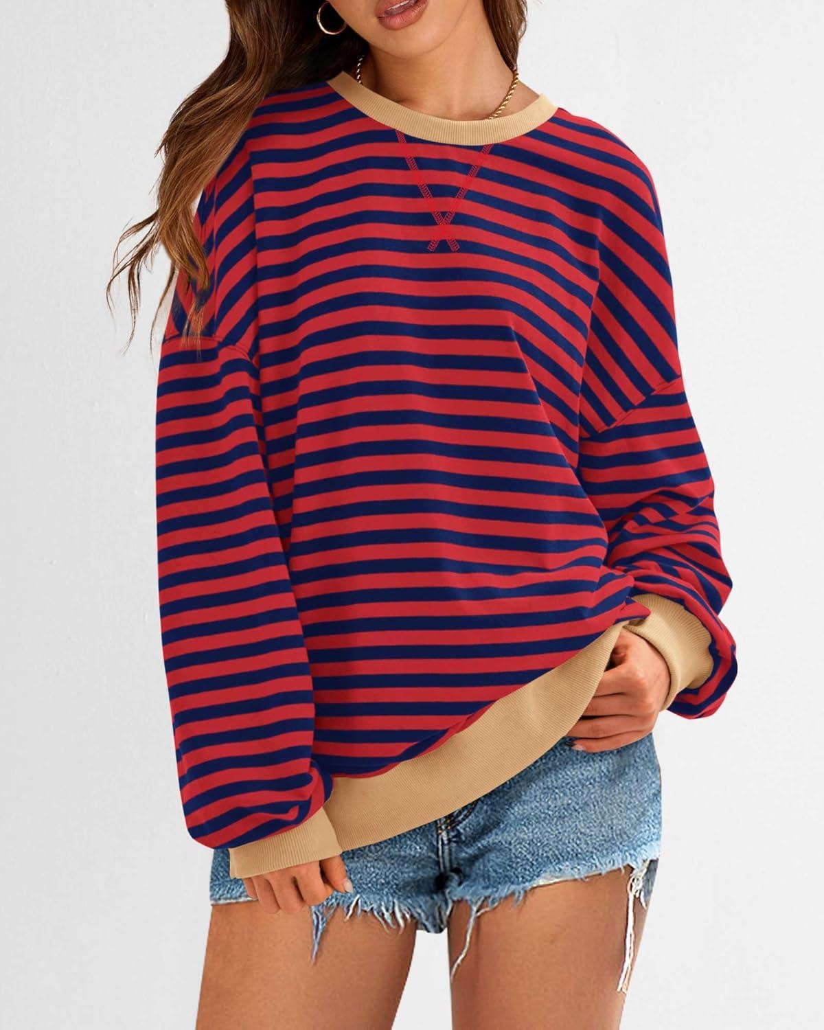 imageBTFBM Womens Oversized Striped Sweatshirt Crewneck Long Sleeve Pullover Top Casual Y2K Fall Clothes 2025 Workout ShirtRed Navy