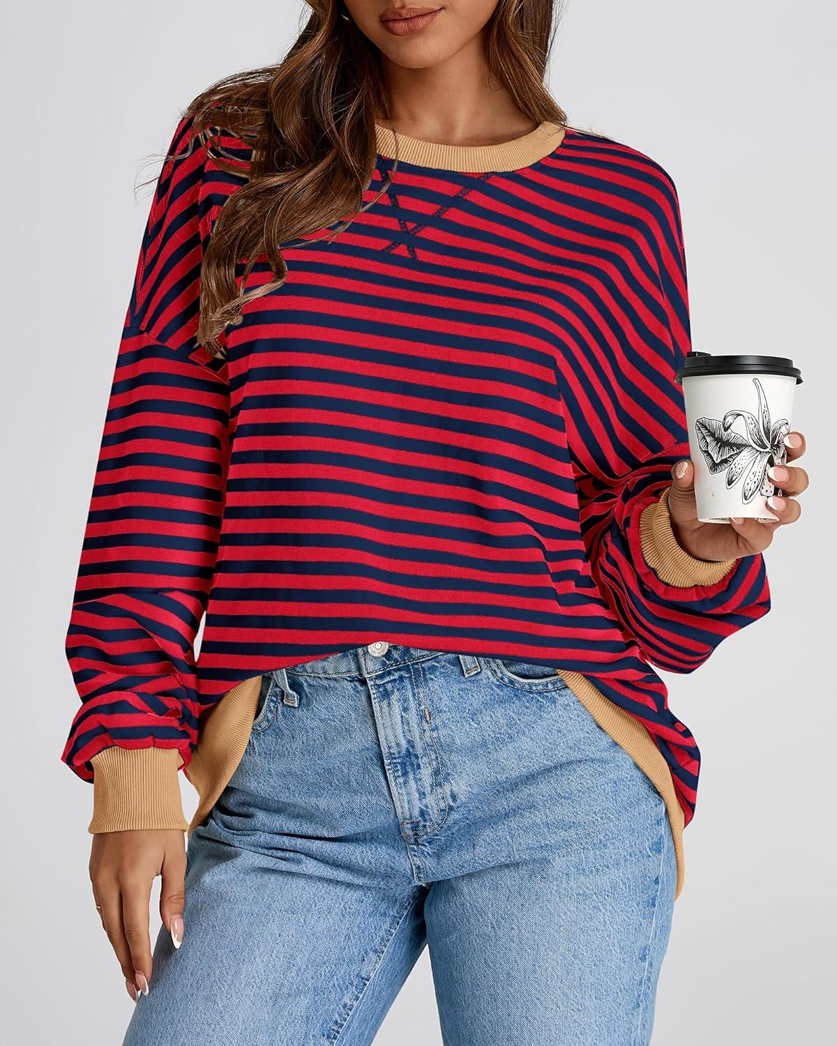 imageBTFBM Womens Oversized Striped Sweatshirt Crewneck Long Sleeve Pullover Top Casual Y2K Fall Clothes 2025 Workout ShirtRed Navy