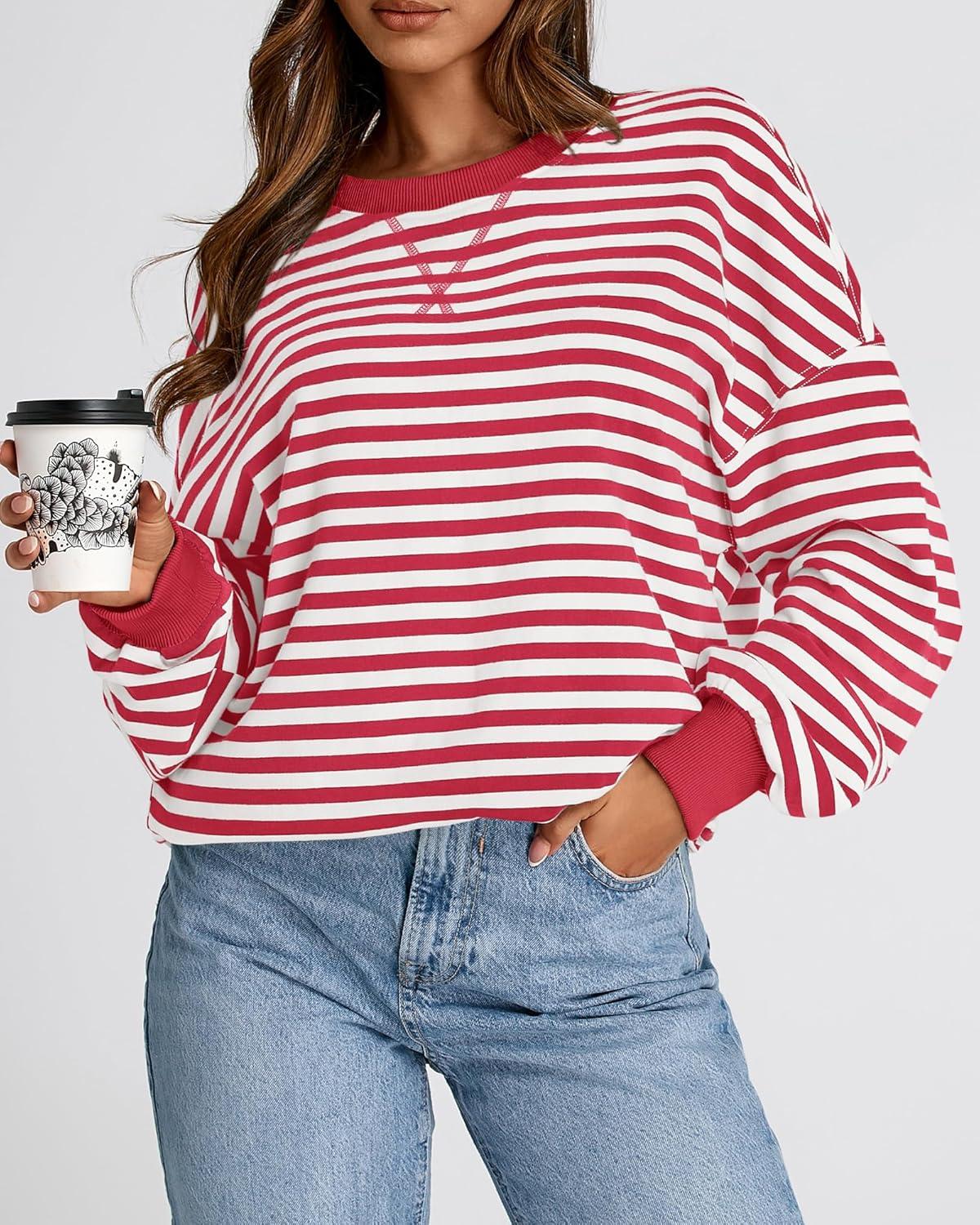 imageBTFBM Womens Oversized Striped Sweatshirt Crewneck Long Sleeve Pullover Top Casual Y2K Fall Clothes 2025 Workout ShirtRed White