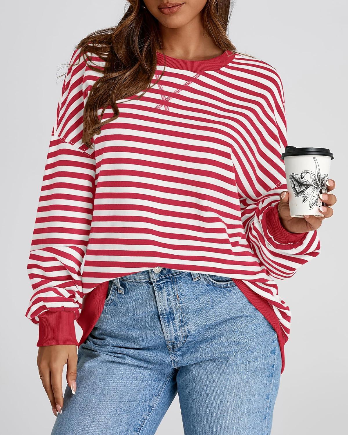 imageBTFBM Womens Oversized Striped Sweatshirt Crewneck Long Sleeve Pullover Top Casual Y2K Fall Clothes 2025 Workout ShirtRed White