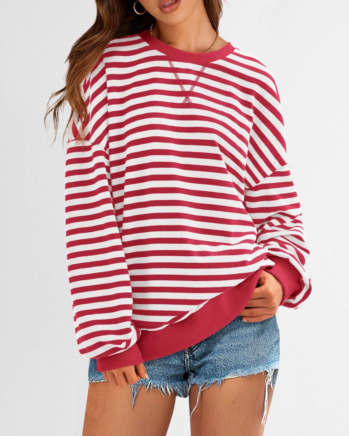 imageBTFBM Womens Oversized Striped Sweatshirt Crewneck Long Sleeve Pullover Top Casual Y2K Fall Clothes 2025 Workout ShirtRed White