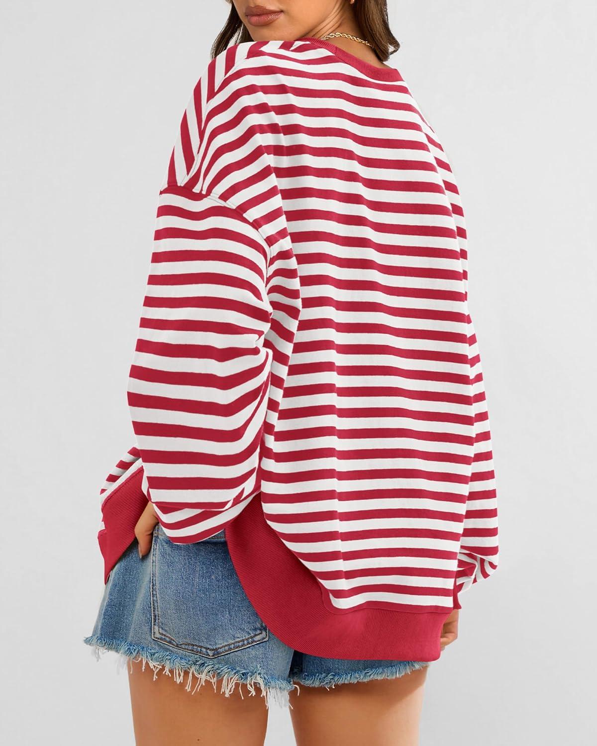 imageBTFBM Womens Oversized Striped Sweatshirt Crewneck Long Sleeve Pullover Top Casual Y2K Fall Clothes 2025 Workout ShirtRed White