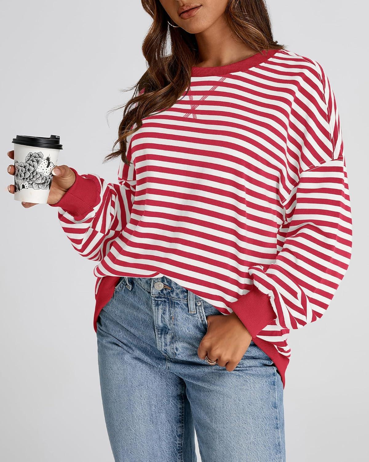 imageBTFBM Womens Oversized Striped Sweatshirt Crewneck Long Sleeve Pullover Top Casual Y2K Fall Clothes 2025 Workout ShirtRed White