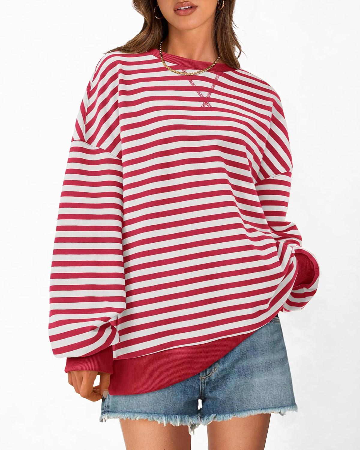 imageBTFBM Womens Oversized Striped Sweatshirt Crewneck Long Sleeve Pullover Top Casual Y2K Fall Clothes 2025 Workout ShirtRed White