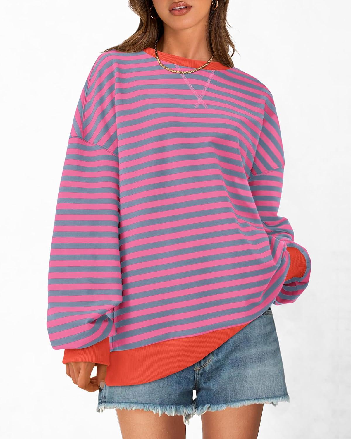 imageBTFBM Womens Oversized Striped Sweatshirt Crewneck Long Sleeve Pullover Top Casual Y2K Fall Clothes 2025 Workout ShirtRose Red Grey Blue