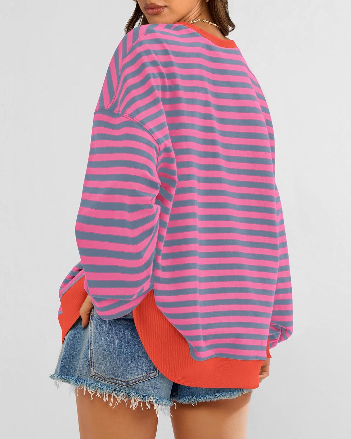 imageBTFBM Womens Oversized Striped Sweatshirt Crewneck Long Sleeve Pullover Top Casual Y2K Fall Clothes 2025 Workout ShirtRose Red Grey Blue