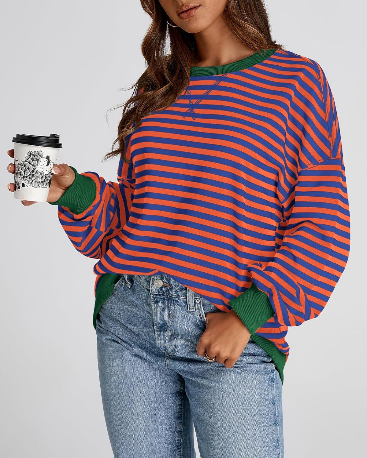 imageBTFBM Womens Oversized Striped Sweatshirt Crewneck Long Sleeve Pullover Top Casual Y2K Fall Clothes 2025 Workout ShirtRoyal Blue Orange