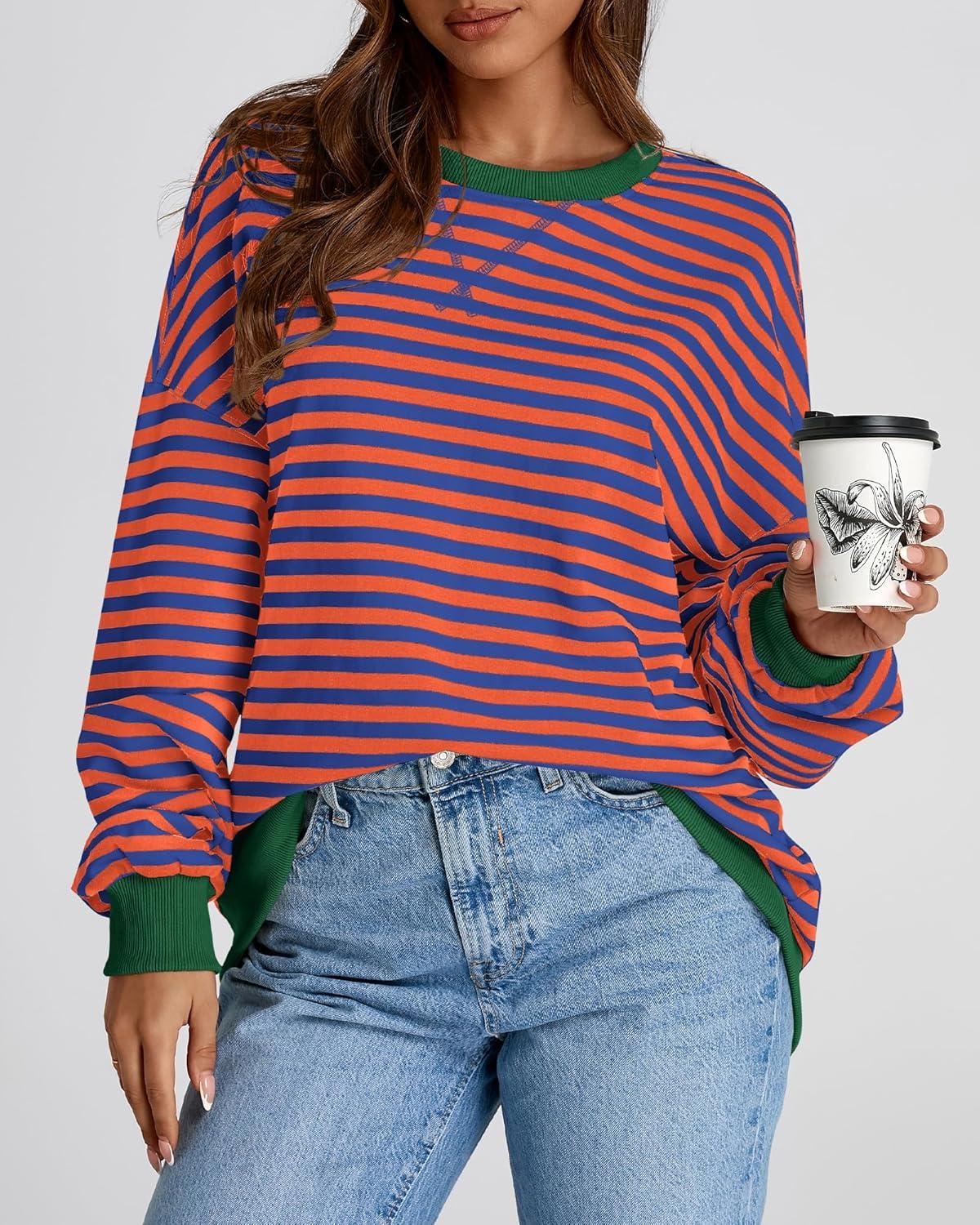 imageBTFBM Womens Oversized Striped Sweatshirt Crewneck Long Sleeve Pullover Top Casual Y2K Fall Clothes 2025 Workout ShirtRoyal Blue Orange