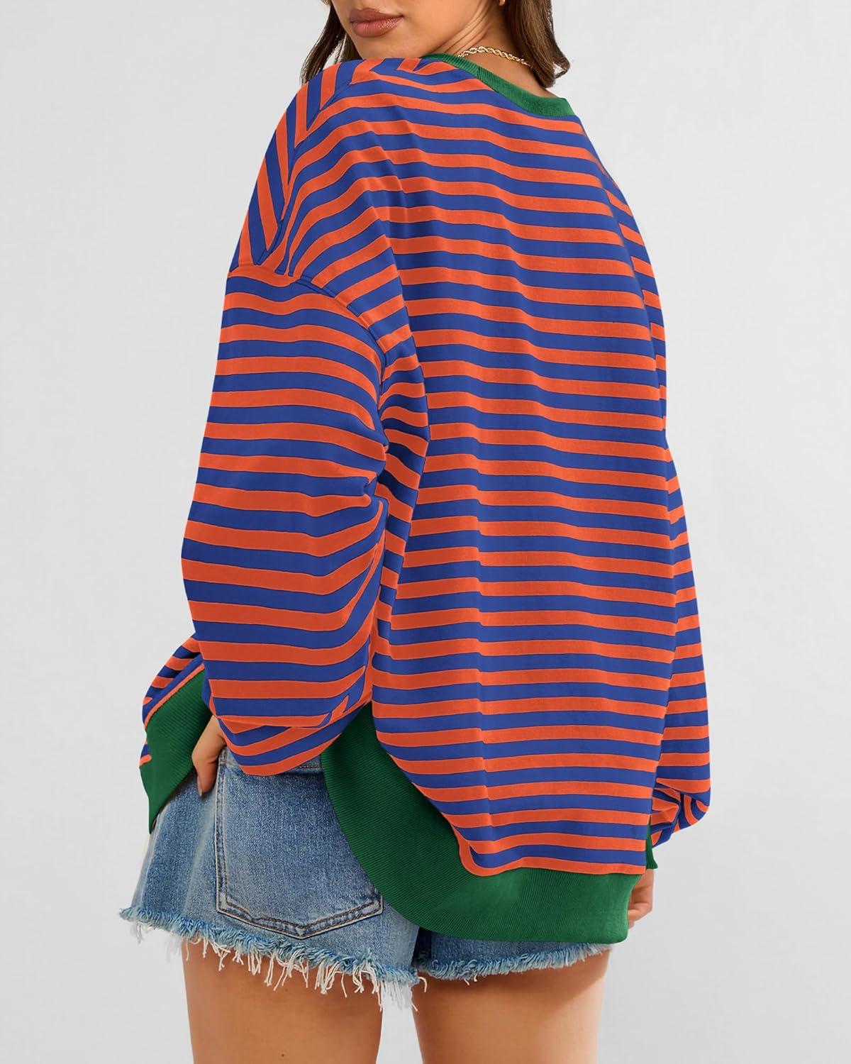 imageBTFBM Womens Oversized Striped Sweatshirt Crewneck Long Sleeve Pullover Top Casual Y2K Fall Clothes 2025 Workout ShirtRoyal Blue Orange