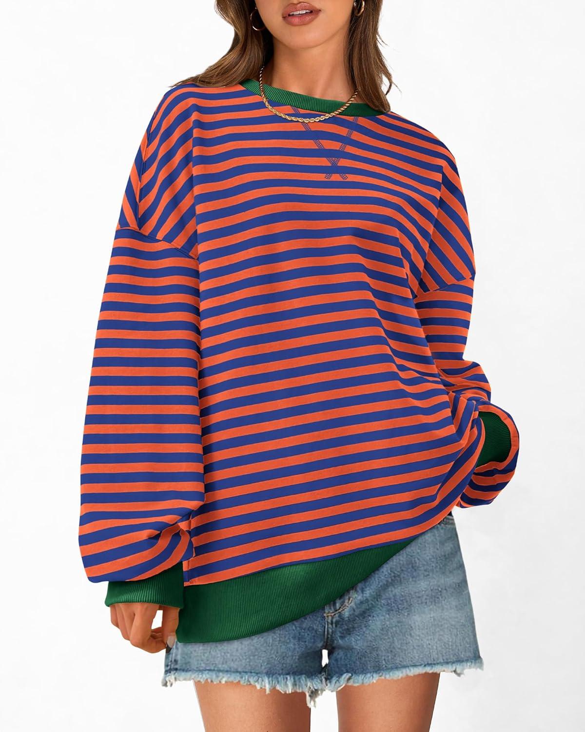 imageBTFBM Womens Oversized Striped Sweatshirt Crewneck Long Sleeve Pullover Top Casual Y2K Fall Clothes 2025 Workout ShirtRoyal Blue Orange