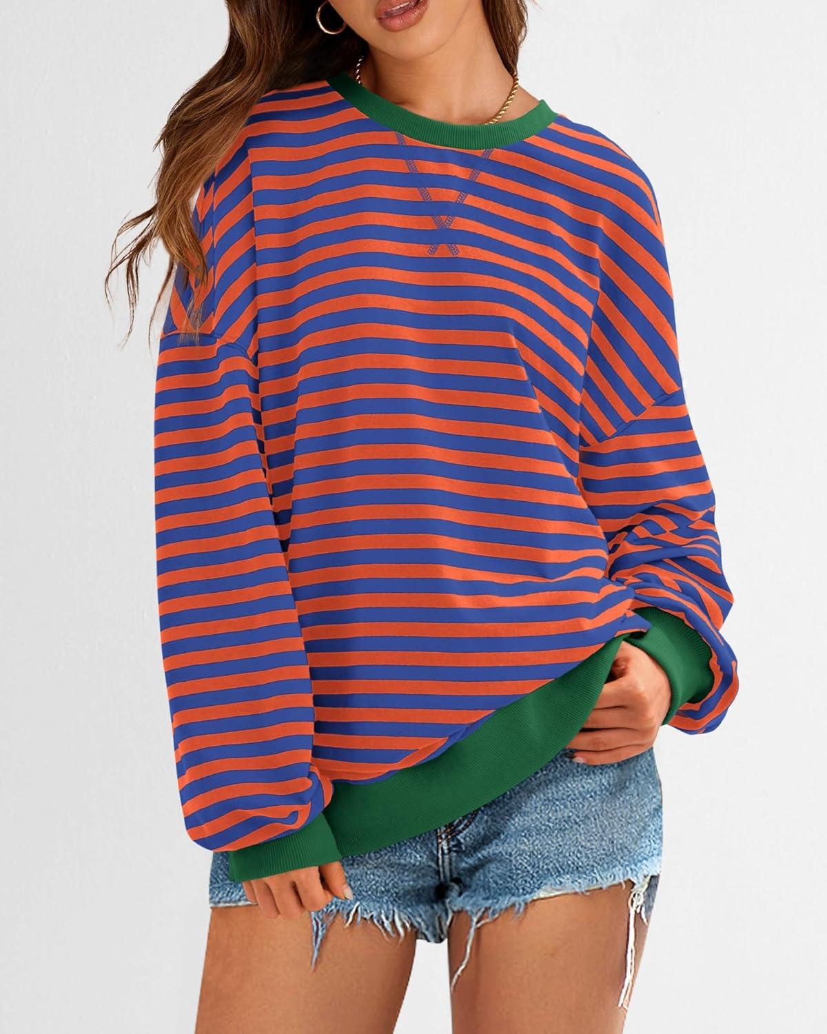 imageBTFBM Womens Oversized Striped Sweatshirt Crewneck Long Sleeve Pullover Top Casual Y2K Fall Clothes 2025 Workout ShirtRoyal Blue Orange